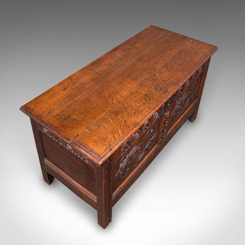 Large Antique Carved Coffer, English Oak, Blanket Chest, William III, Circa 1700 photo buy