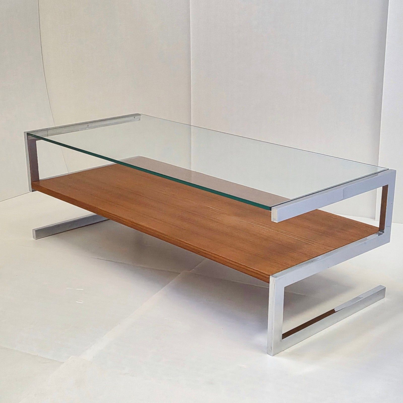 Table Basse Vintage 1960 En Acier Chrome Placage Teck Verre 60s Dlg Belgo Chrom