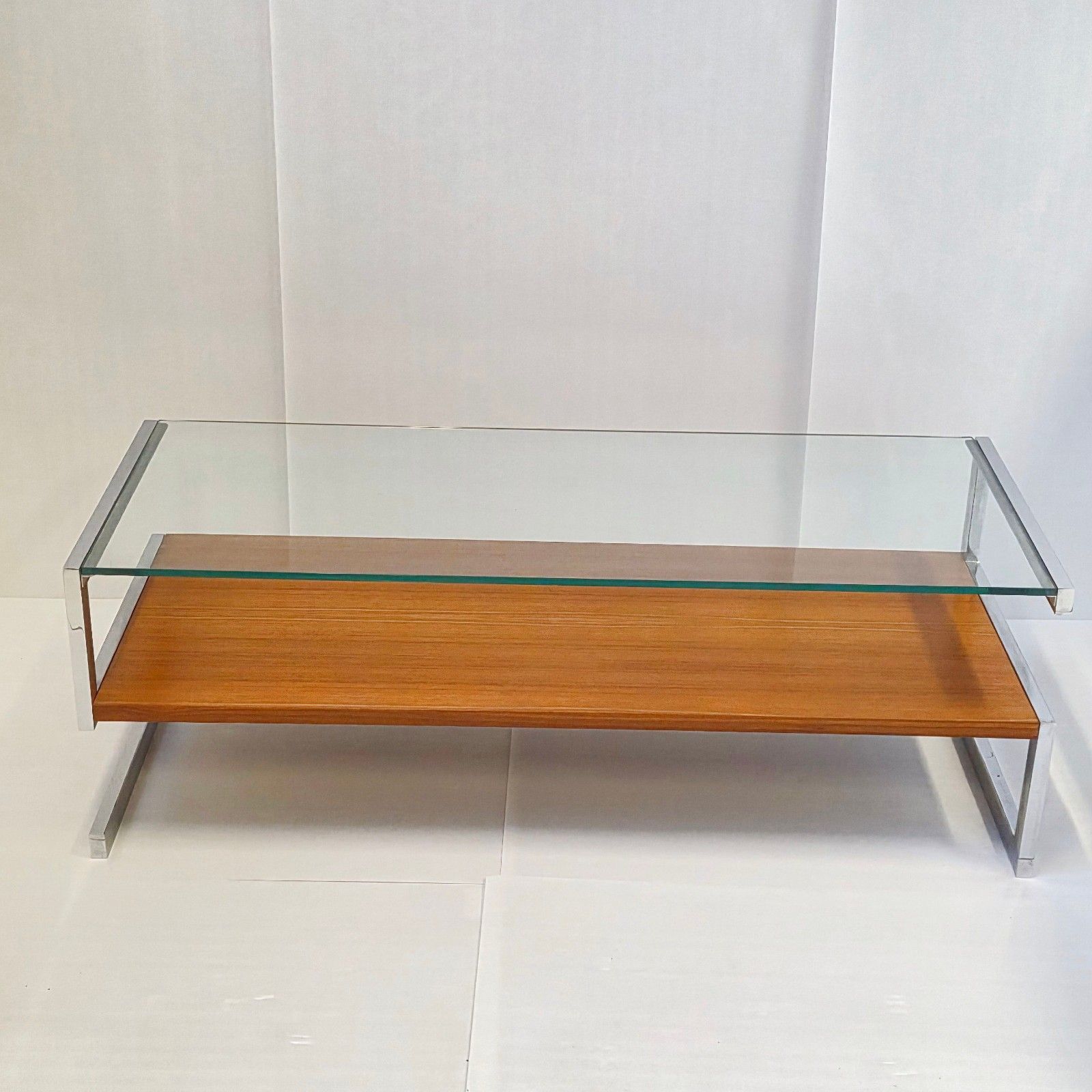 Table Basse Vintage 1960 En Acier Chrome Placage Teck Verre 60s Dlg Belgo Chrom photo for sale