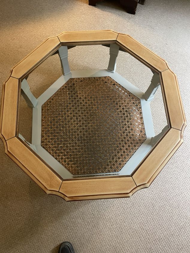 A Lovely Mahogany Octagonal Coffee Table On Pillar Legs And A Glass Top. photo furniture