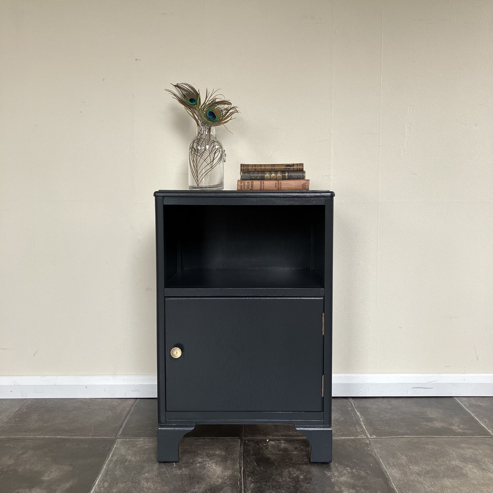 Painted 1940's Mid Century Lebus Bedside And Wardrobe Set With Cws Chest Of Drawers; Farrow And Ball Off Black photo furniture