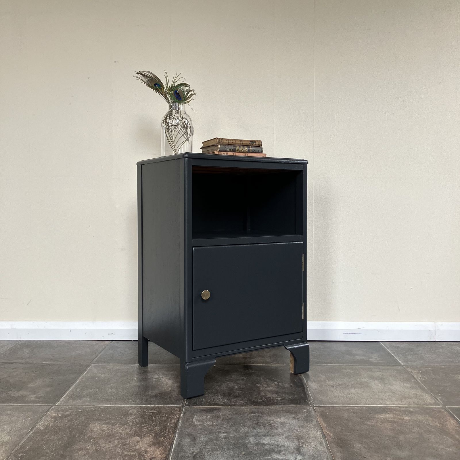 Painted 1940's Mid Century Lebus Bedside And Wardrobe Set With Cws Chest Of Drawers; Farrow And Ball Off Black photo for sale