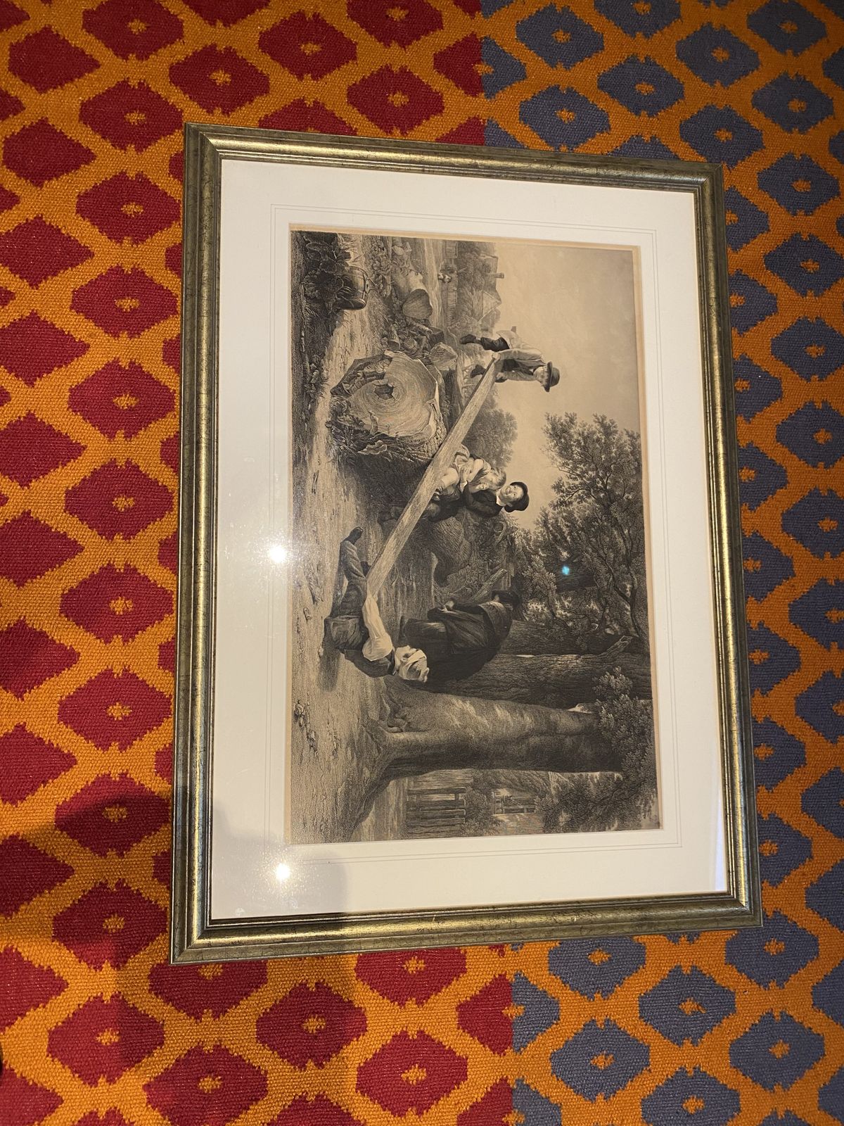 C1860 Steel Engraving. Framed Print Of Children On A Makeshift Seesaw. Nice Picture