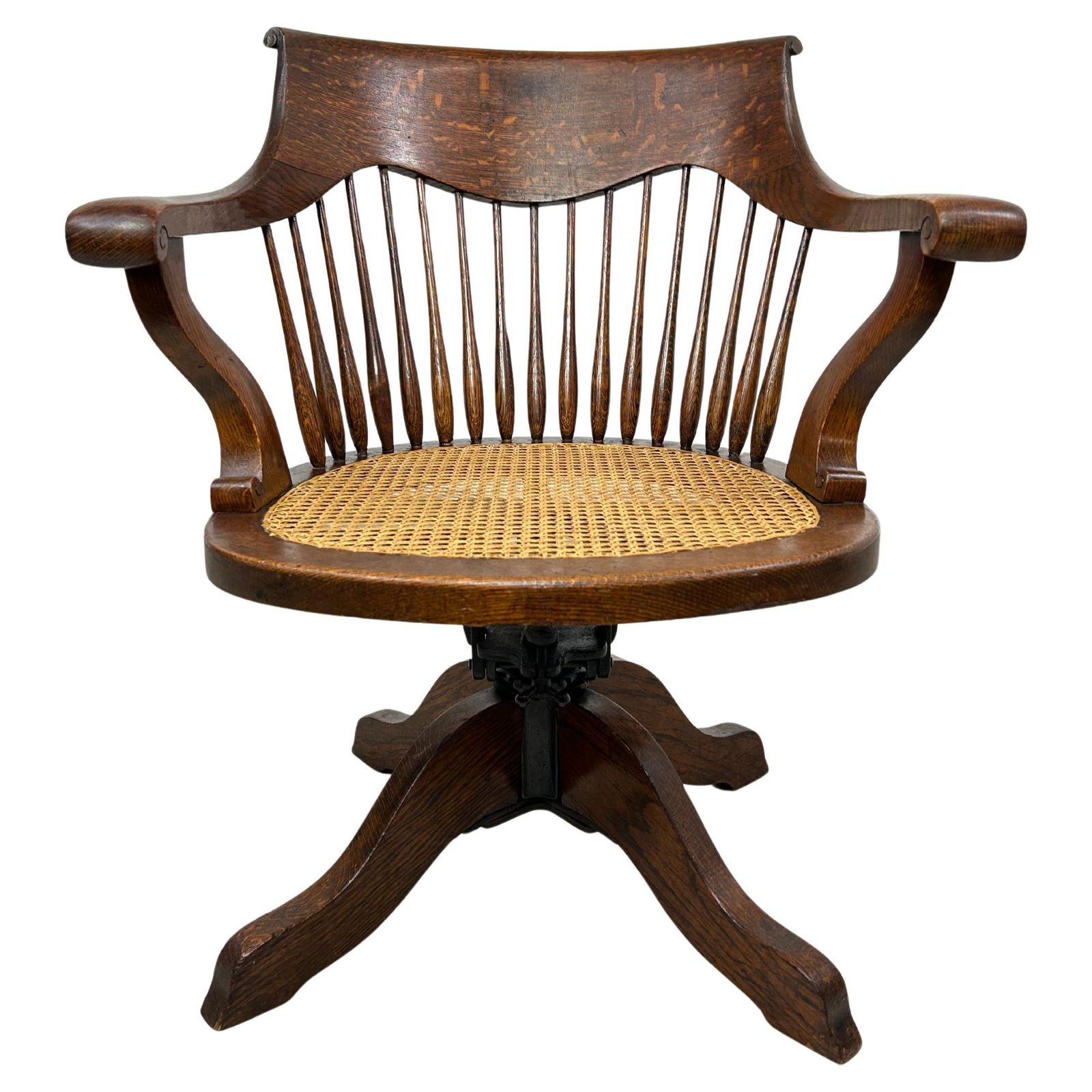 Swivel Oak Office Chair With Rattan Seat