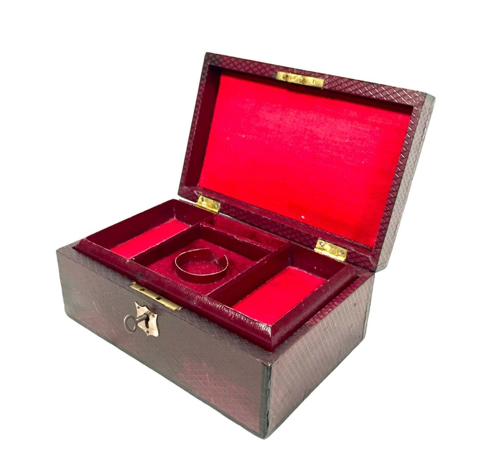 Antique Edwardian Leather Jewellery / Trinket Box With Key & Working Lock C.1910 photo vinterior