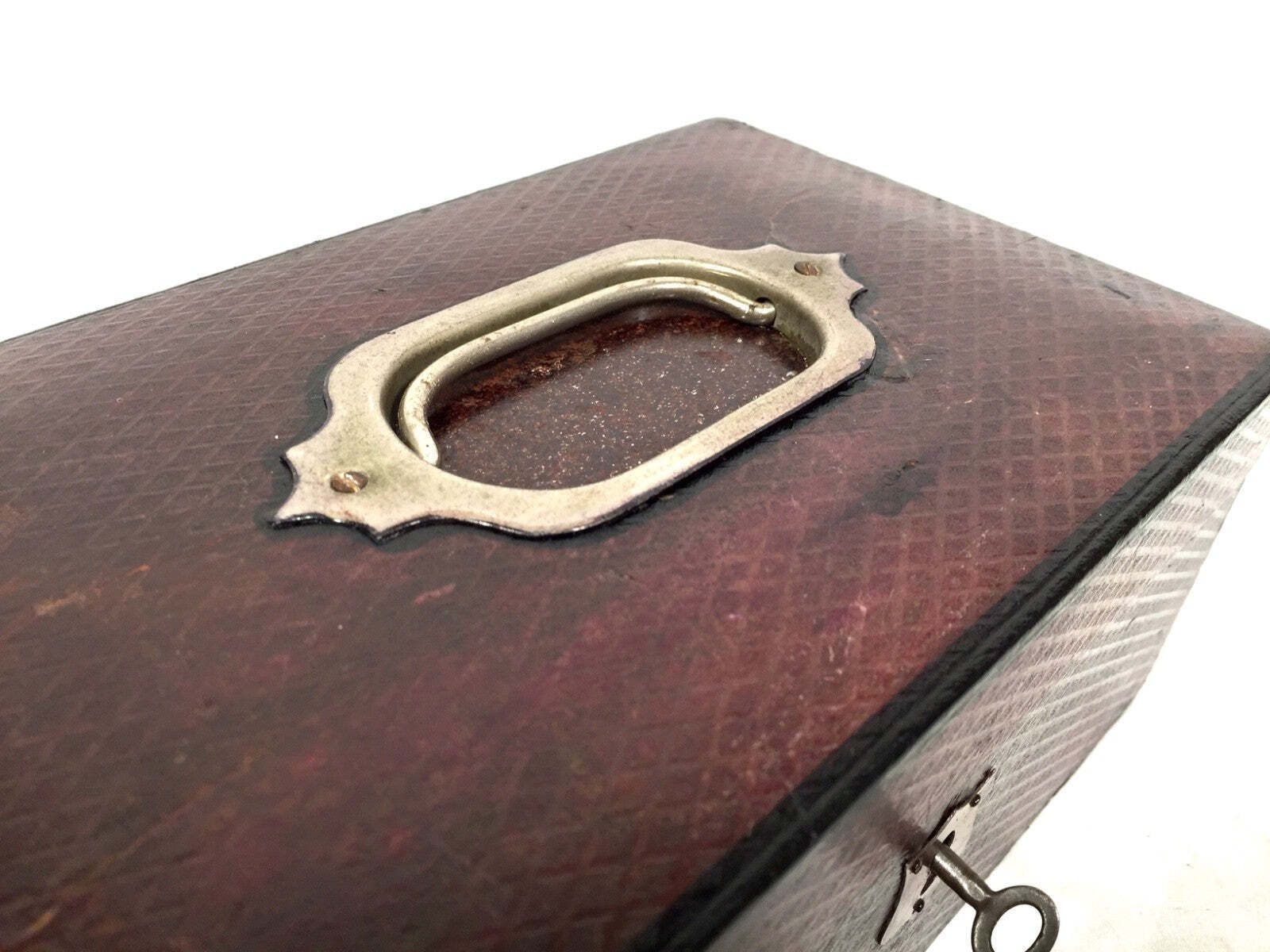 photo for sale Antique Edwardian Leather Jewellery / Trinket Box With Key & Working Lock C.1910