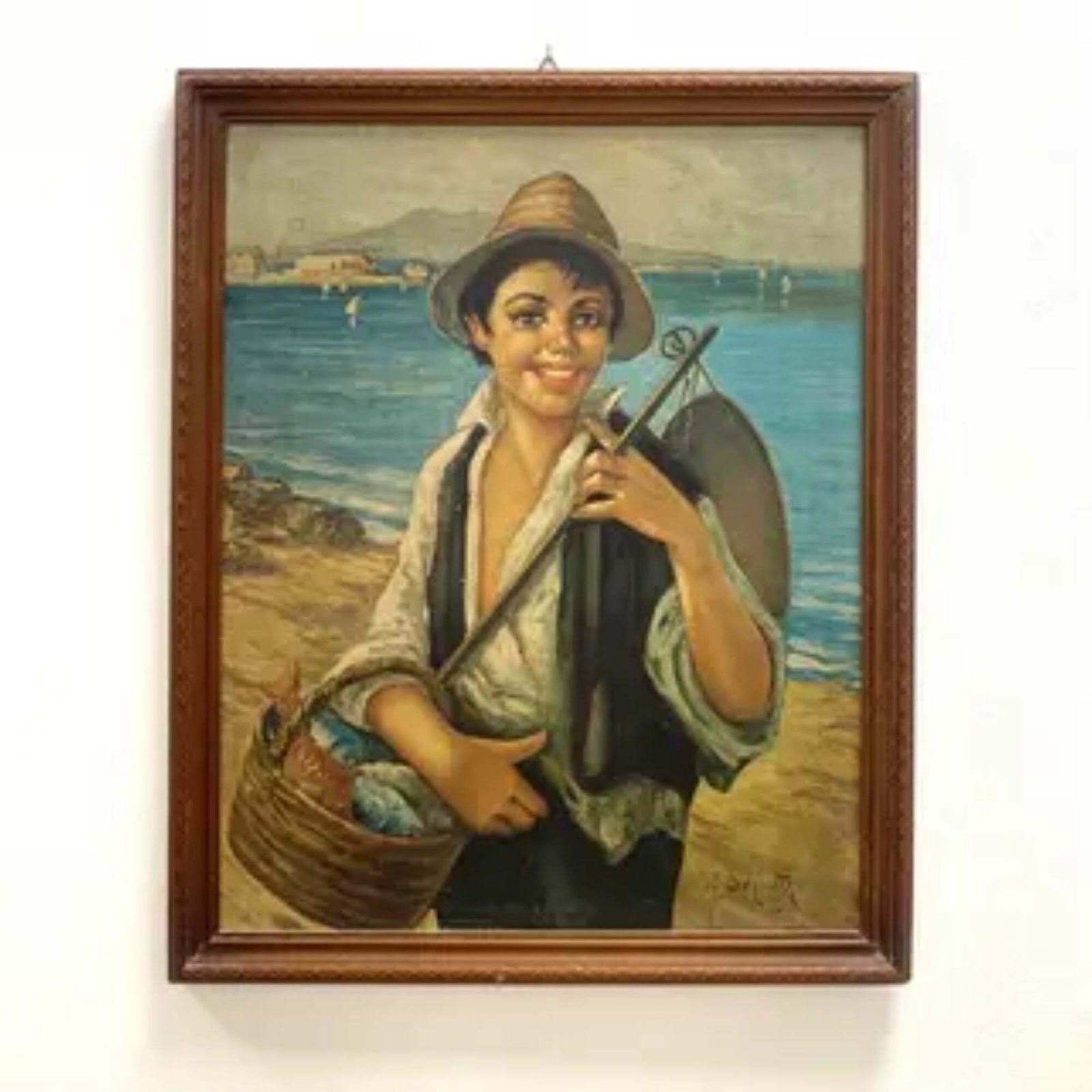 Oil Painting, G. De Curtis, Signed Canvas, Young Italian Fisherman, Late 20th Century photo vinterior