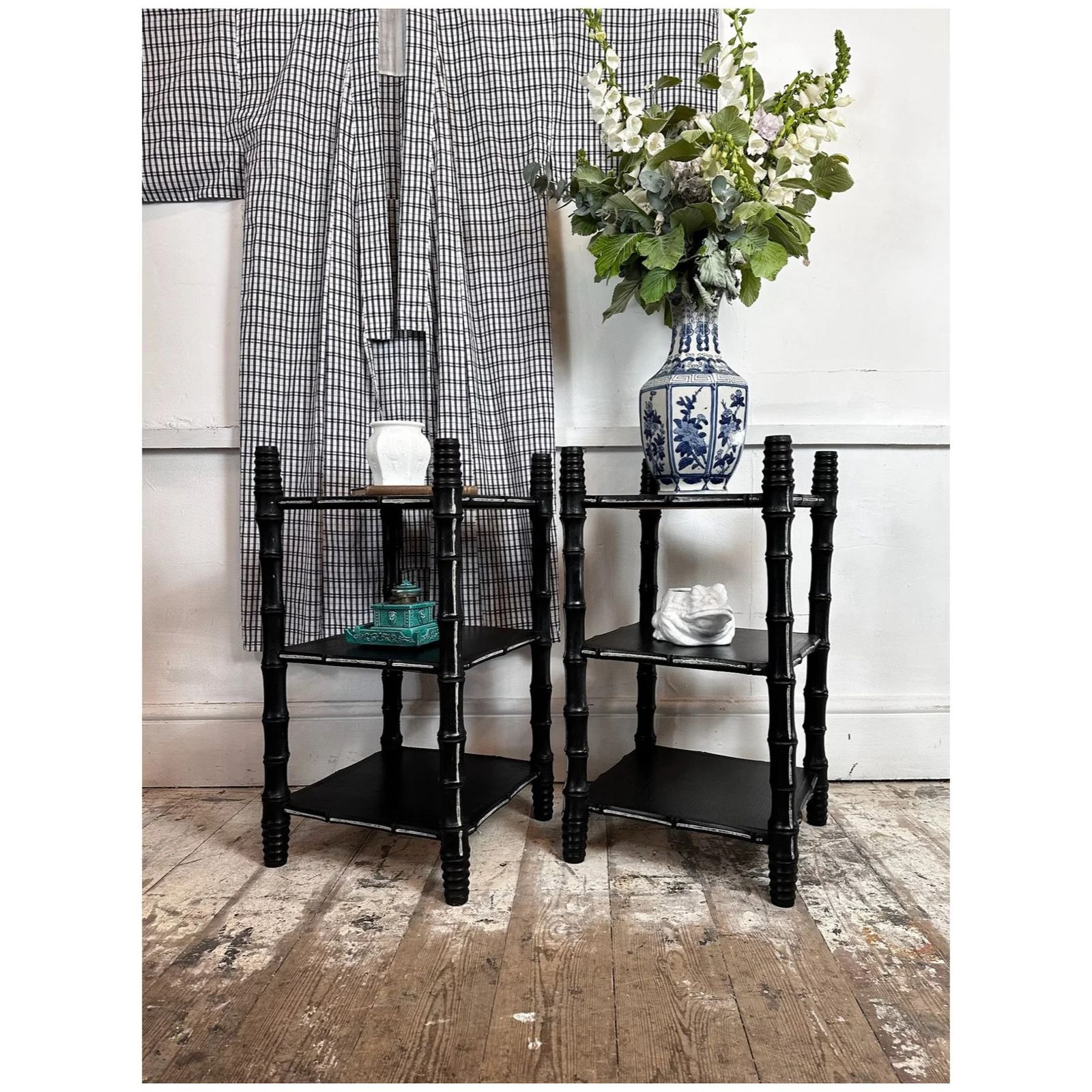 " Made By Muirshin" Pair Of Faux Bamboo Overpainted Nightstands W/ Unique Paintwork