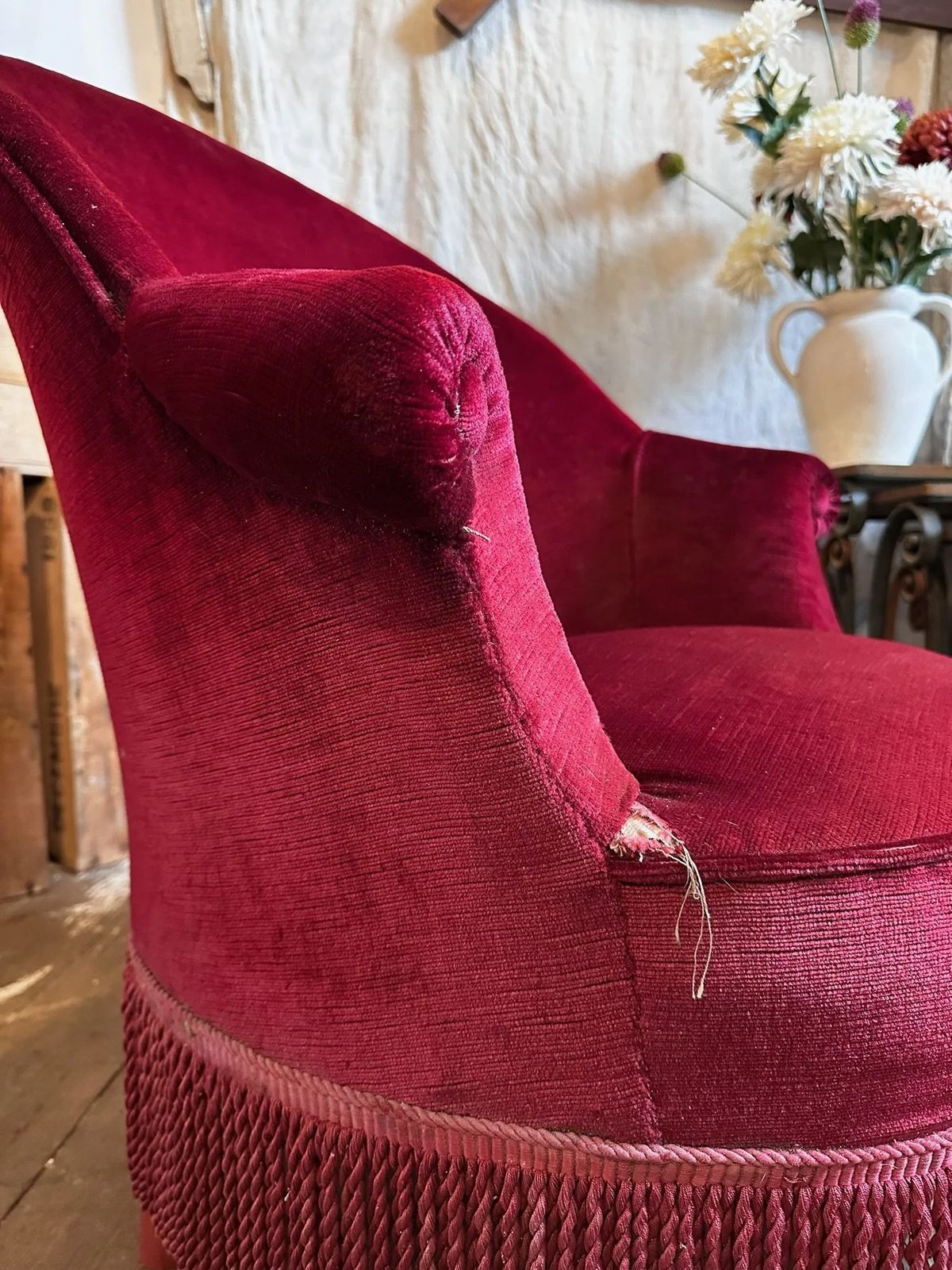 French Velvet Red Tub Chair W/ Tassels, C1920 photo vinterior