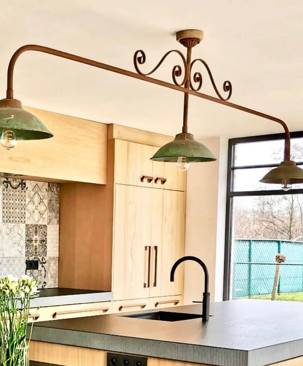 Beautiful Handmade "Jules" Belgian Verdigris Swan Neck Lamps. Aged Copper & Enamel Porch Lights, Different Sizes And Glass Domes photo for sale