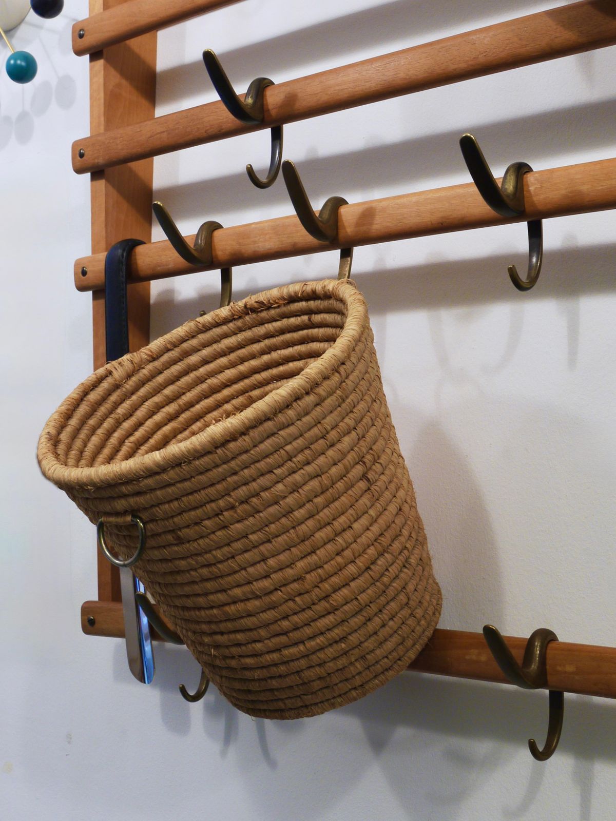 Carl Auböck II Raffia Brass Wastepaper Basket, Paper Bin, Umbrella Stand, 1950s photo vintage