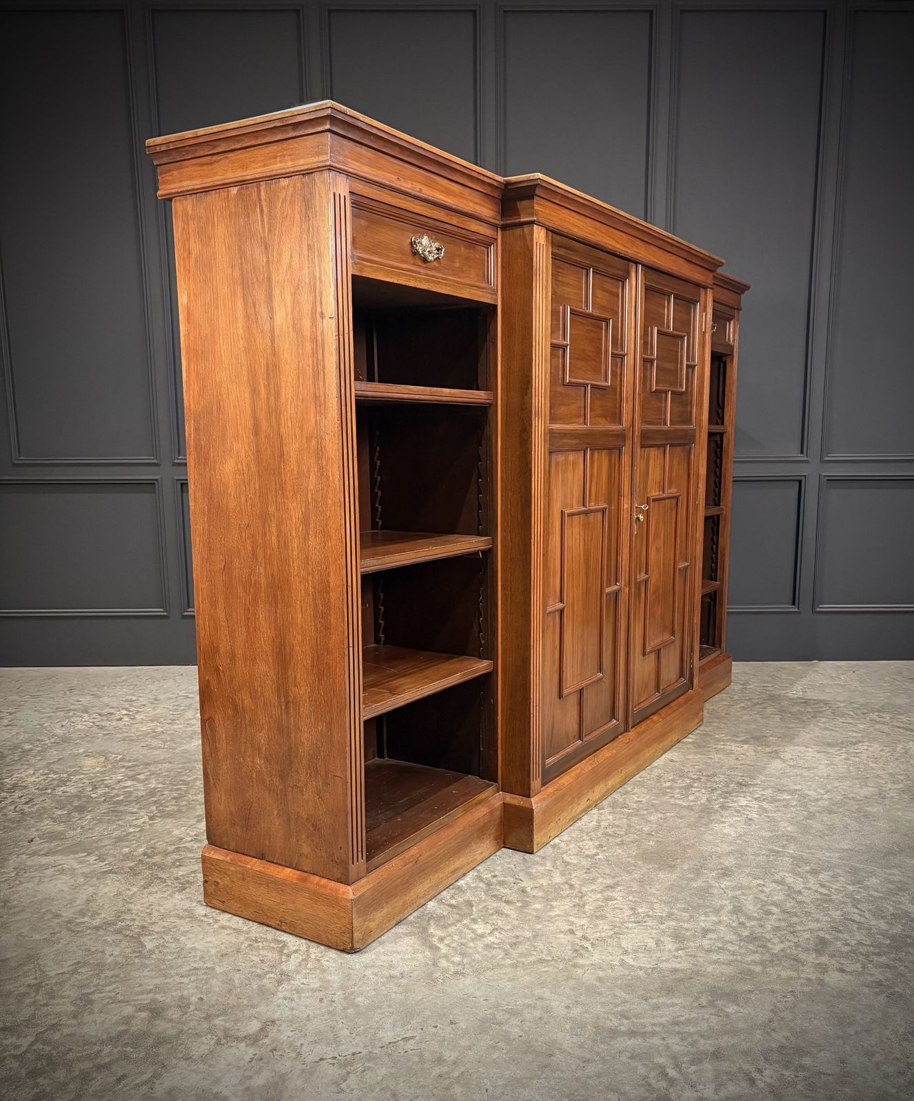 Large Breakfront Walnut Bookcase By Maple & Co. photo for sale