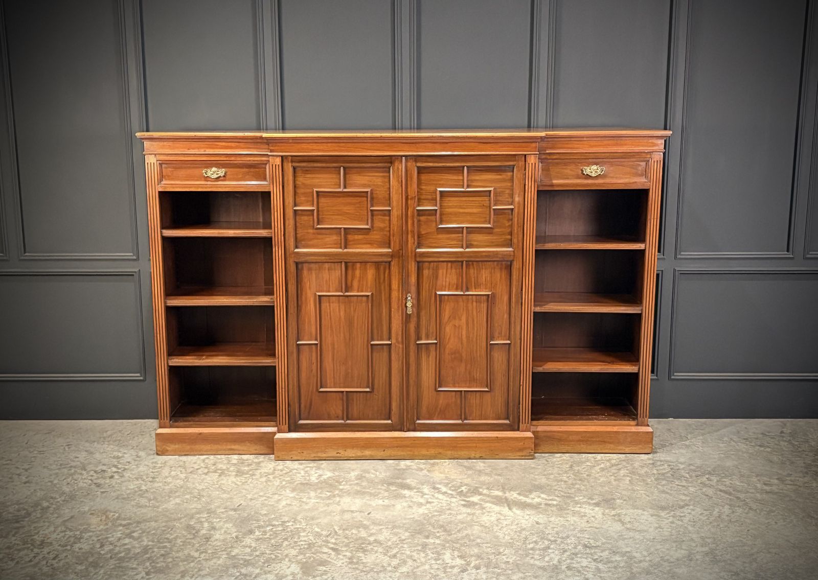 photo for sale Large Breakfront Walnut Bookcase By Maple & Co.
