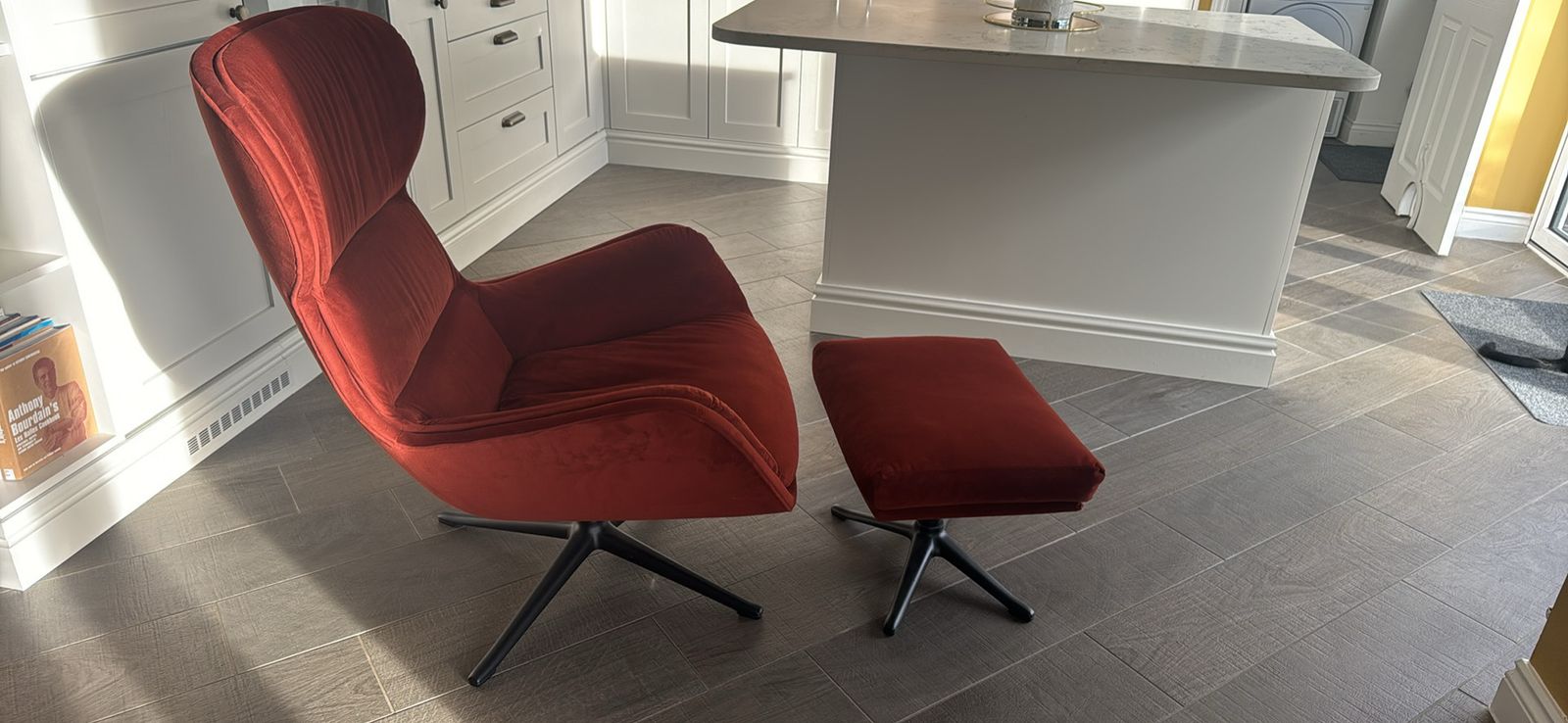 Boconcept Reno Armchair With Swivel Function And Matching Footstool In Burnt Orange / Terracotta photo for sale