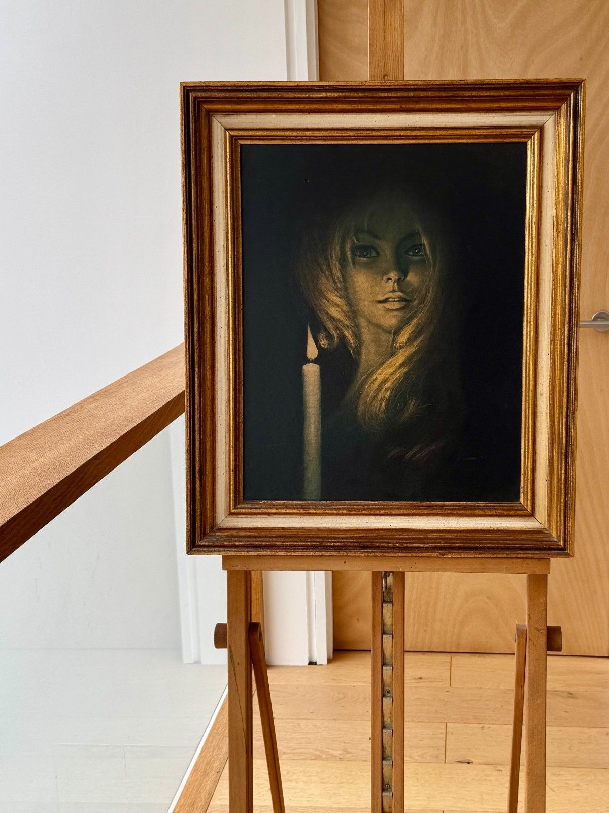 Art Vintage Framed Print "Girl By Candlelight" By Stephen Pearson 1967, Gilt Frame photo