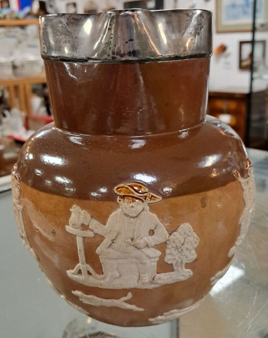 Antique Doulton Lambeth Stoneware Hunting Jug With Silver Collar Hallmarked 1908 photo Home Decor