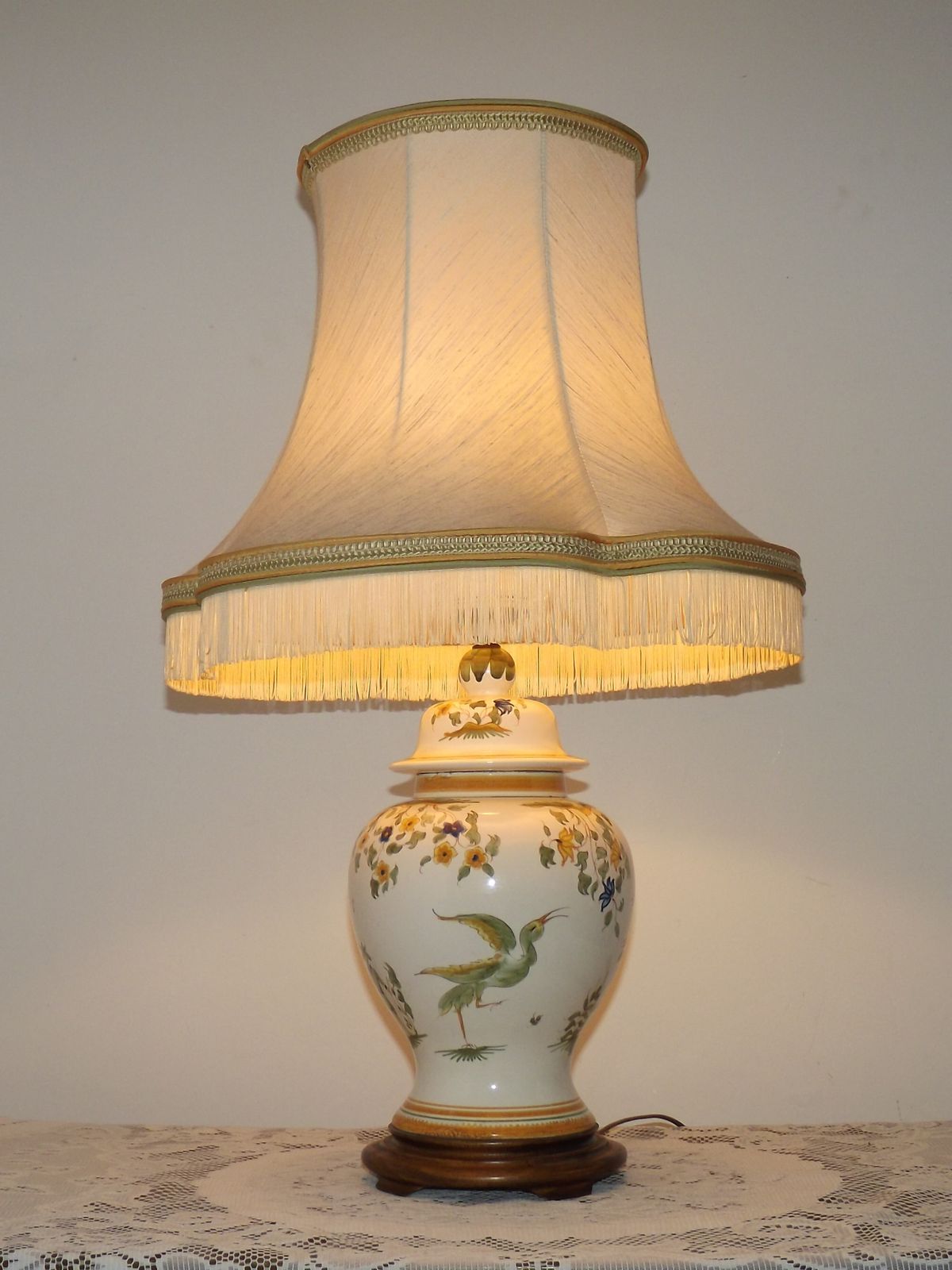 Louis Drimmer Faience Style Table Lamp With Wooden Plinth & Fringed Lined Shade photo furniture