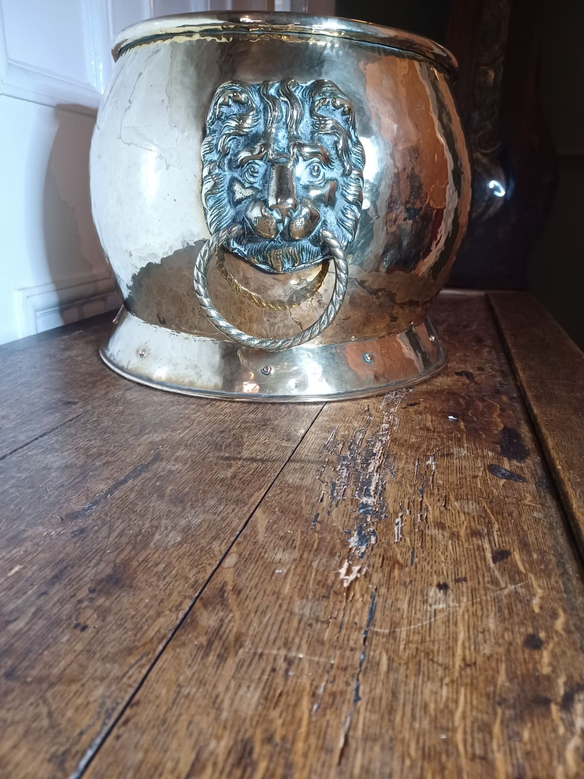 Antique Period Brass & Copper Riveted Wine Cooler / Bucket. Lion Handles photo vintage