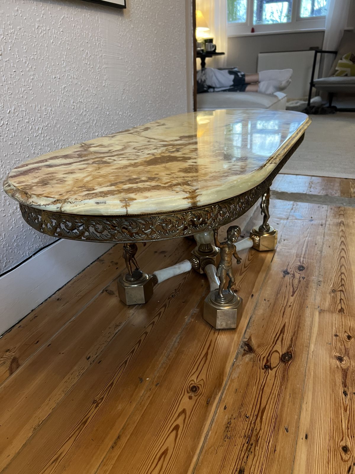 Onyx Marble And Brass Coffee Table, 1970 French Vintage Elegance photo for sale