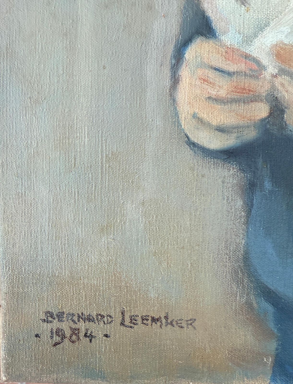 Bernard Leemker Portrait Of A Boy With Teddy Bear Oil On Canvas Painting 1984 photo furniture