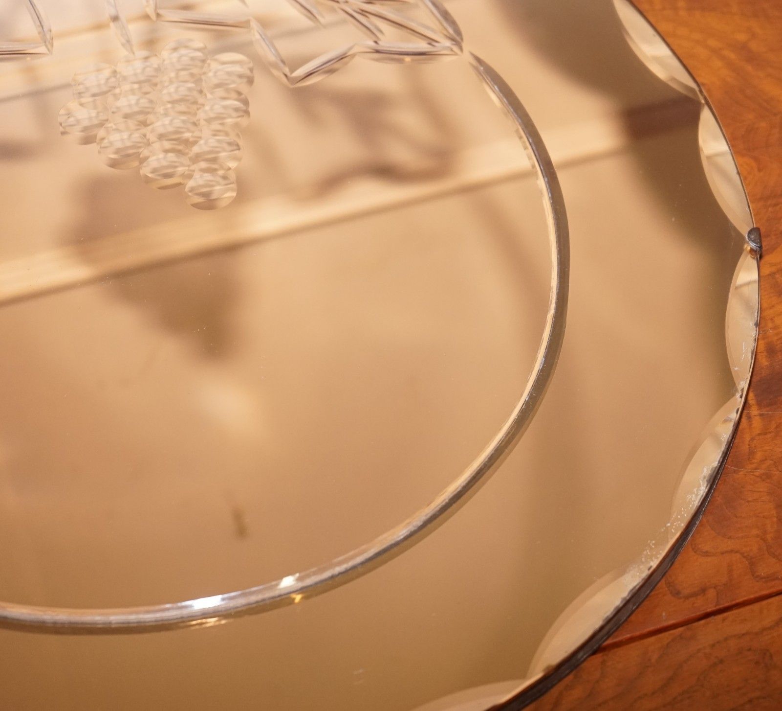 Vintage Art Deco Peach Glass Beveled Circular Wall Mirror photo vintage