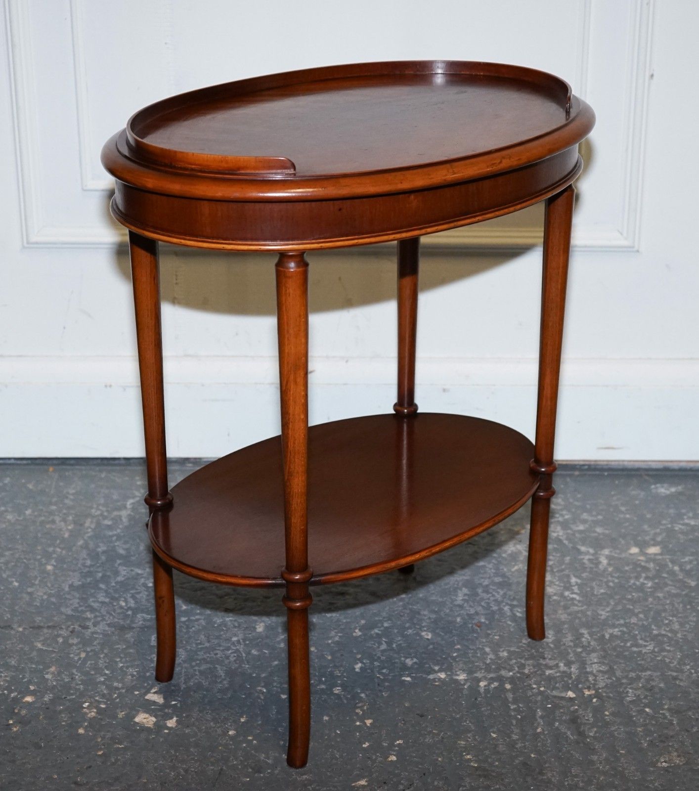 Vintage Pair Of Flamed Mahogany Oval Side End Wine Lamp Table Gallery Rail Top photo buy