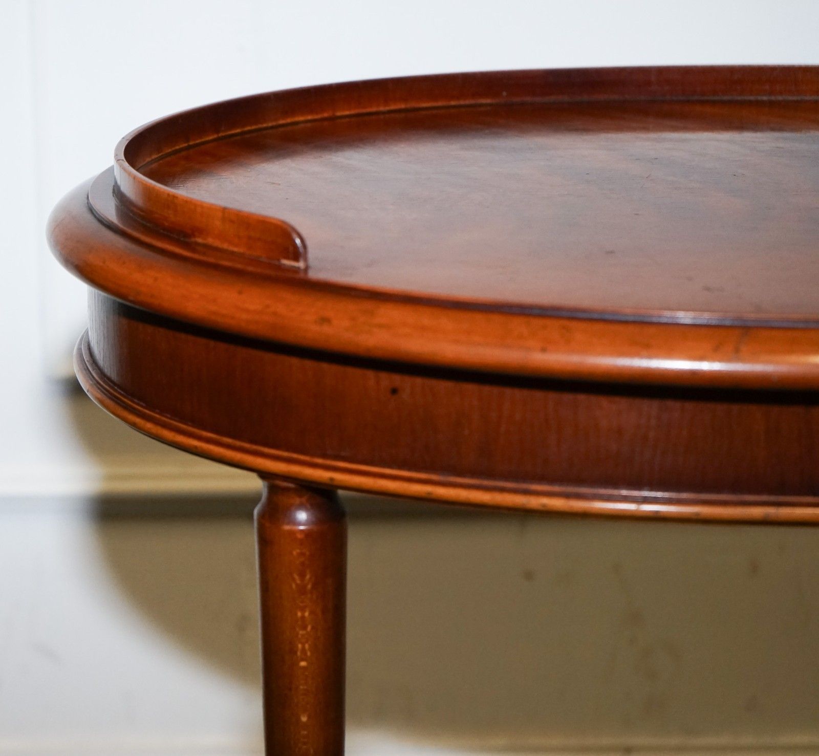 photo for sale Vintage Pair Of Flamed Mahogany Oval Side End Wine Lamp Table Gallery Rail Top