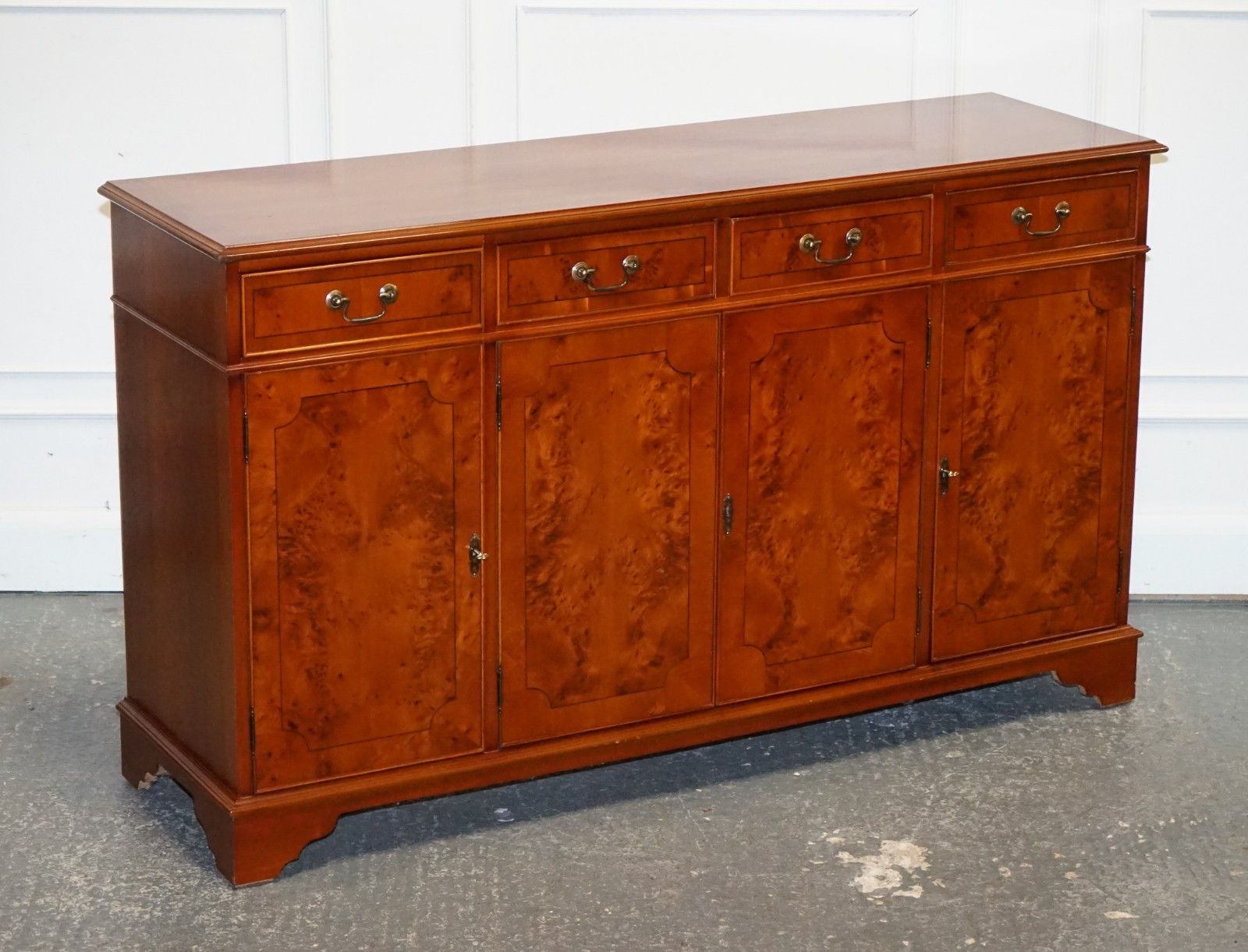 Vintage Burr Yew Wood Sideboard With Four Cupboards & Drawers photo furniture