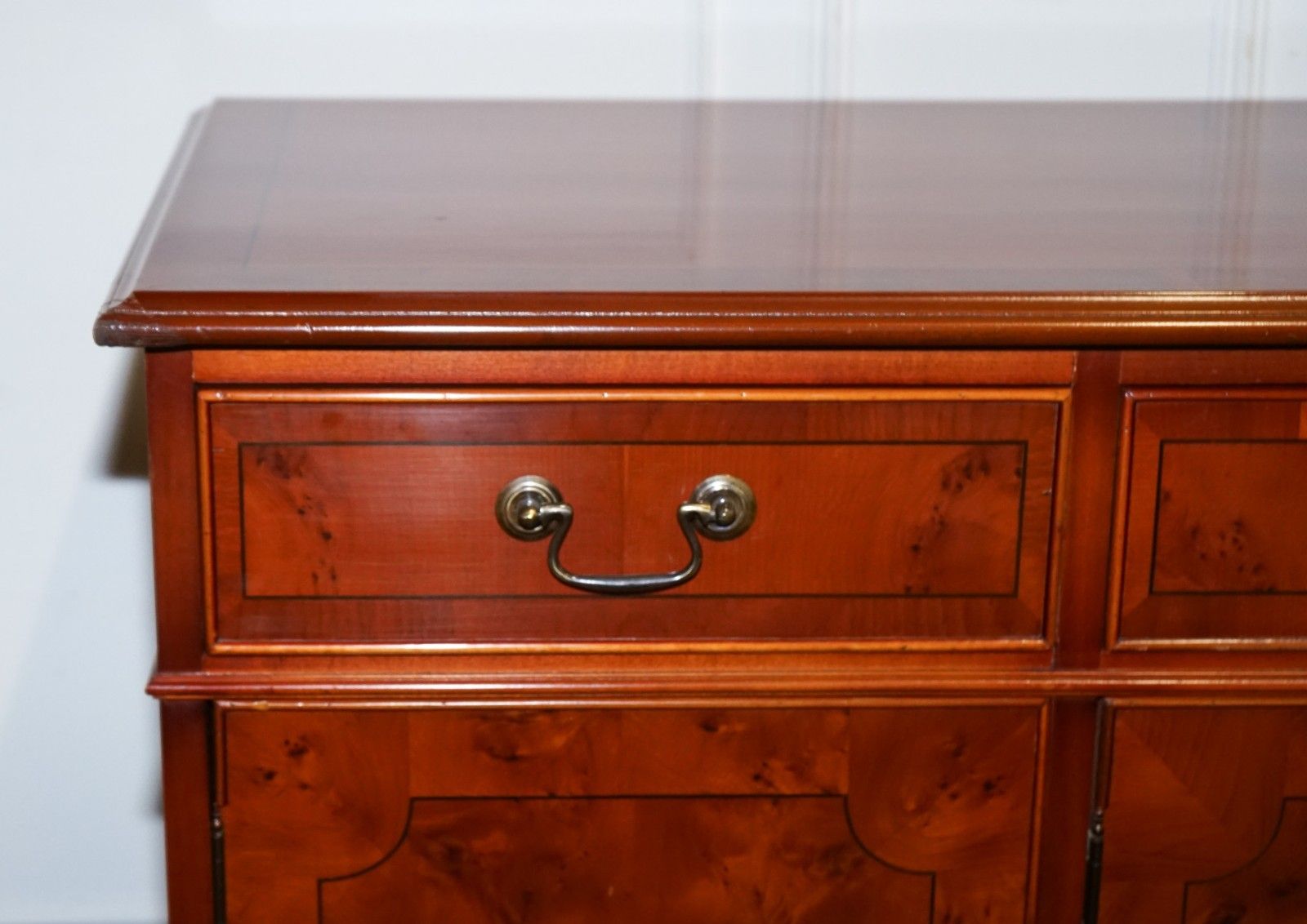 Vintage Burr Yew Wood Sideboard With Four Cupboards & Drawers photo vinterior