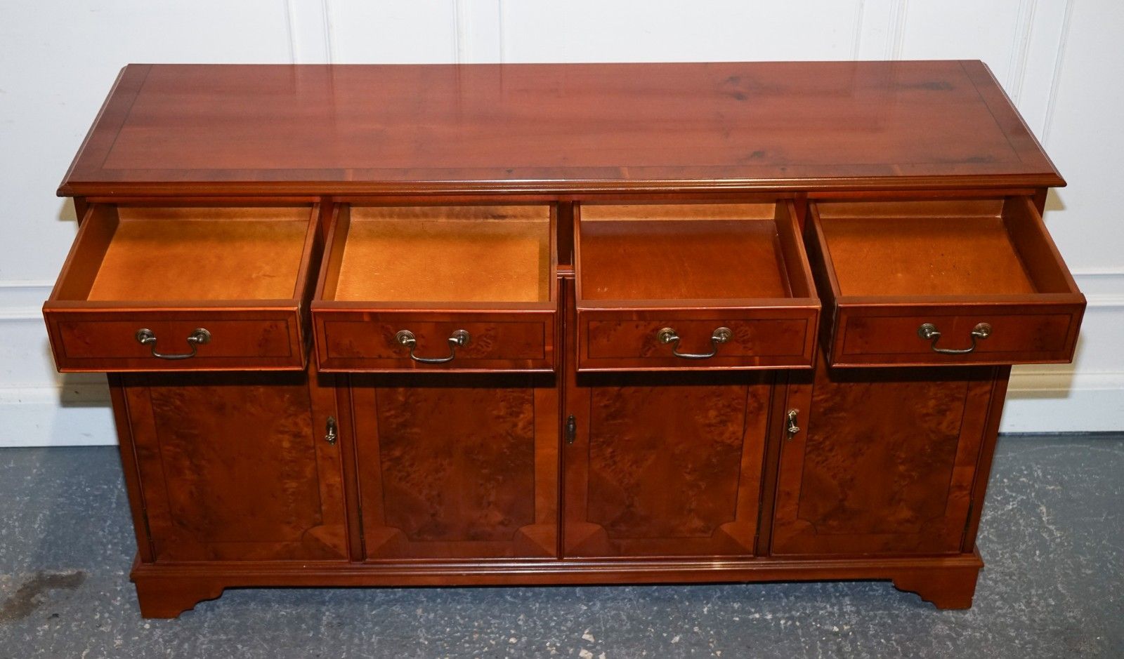 photo furniture Vintage Burr Yew Wood Sideboard With Four Cupboards & Drawers
