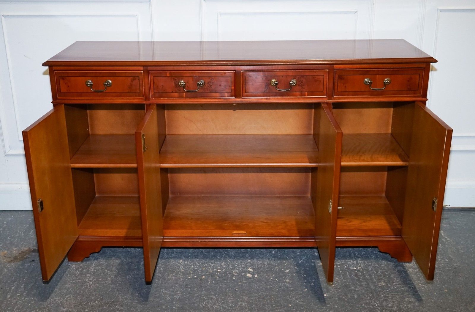 photo for sale Vintage Burr Yew Wood Sideboard With Four Cupboards & Drawers