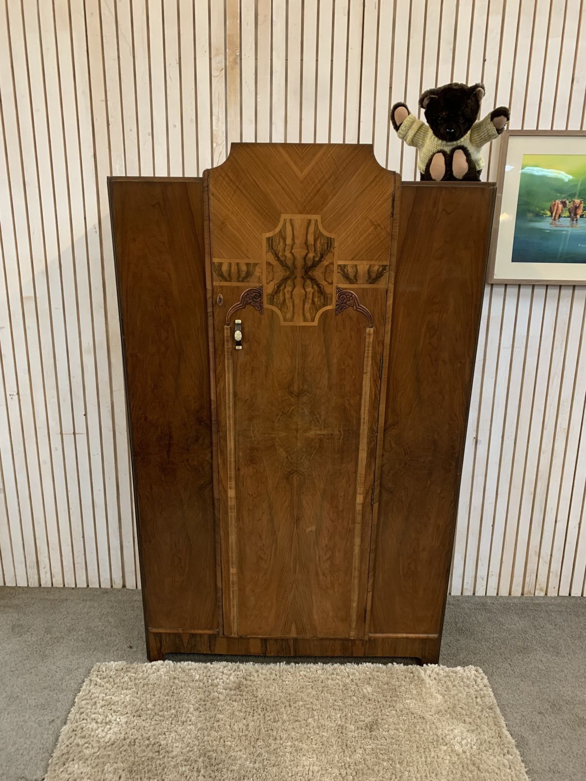 Walnut Veneered Wardrobe In Art Deco Style, Featuring A Single   photo Furniture