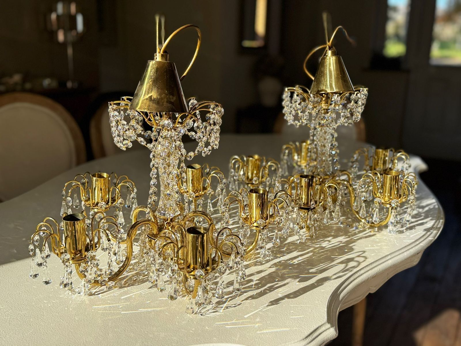photo for sale Pair Vintage Preciosa 5 Arm Czech Crystal Chandeliers