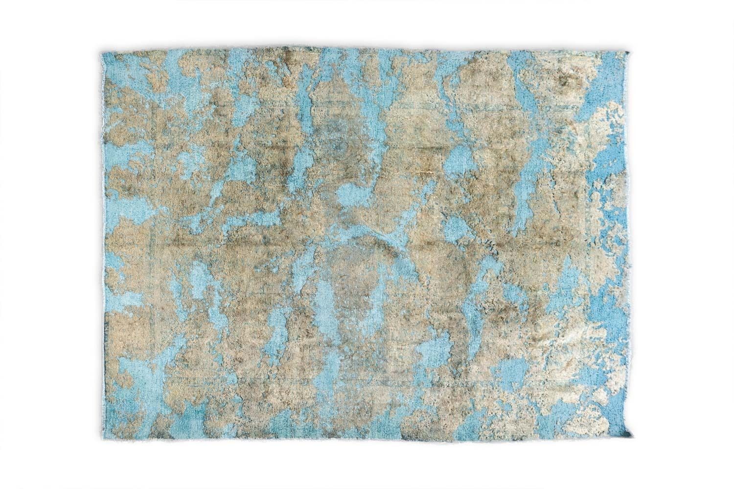 Rectangular Wool Rug With A Light Blue Background. Contemporary. photo Textiles