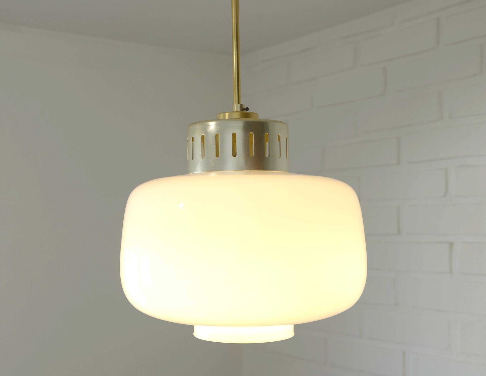 Vintage Scandinavian Pendant Light: White Glass Mid Century Modern Chandelier photo for sale