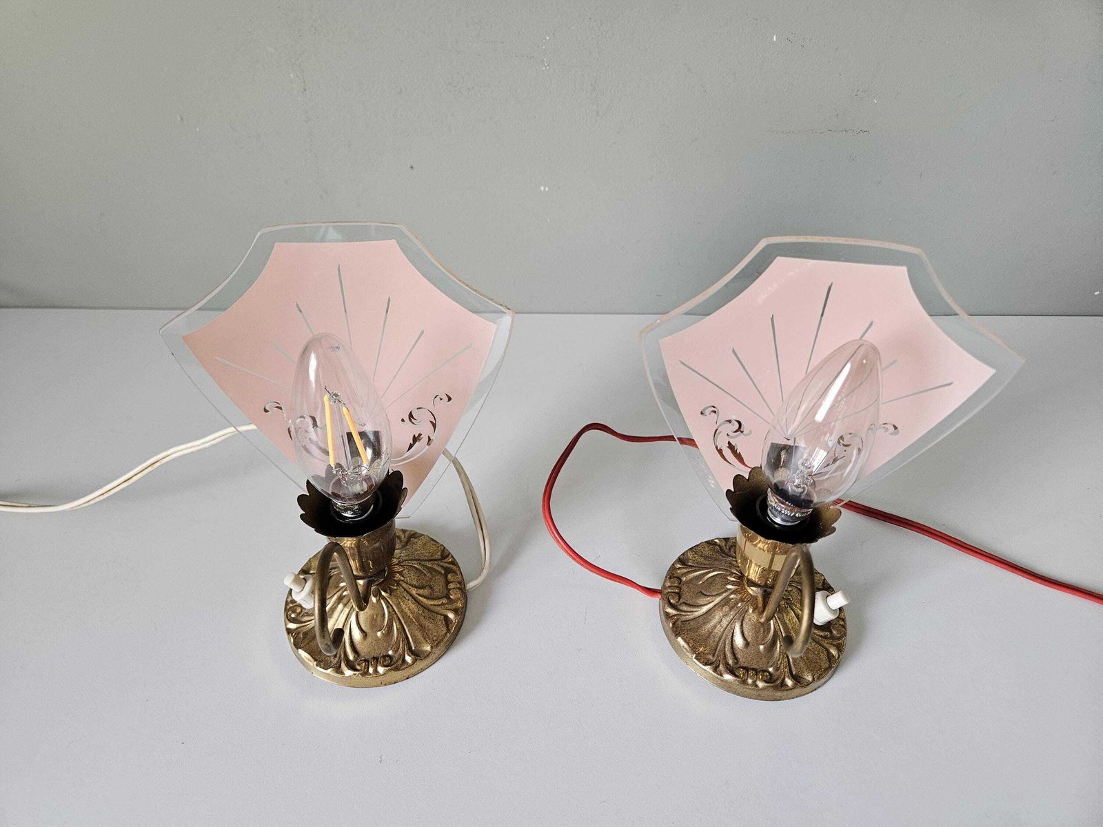 photo furniture Pair Of Vintage Art Deco Table Lamps | Pink Glass & Brass Base | 1950s Bedside Lights