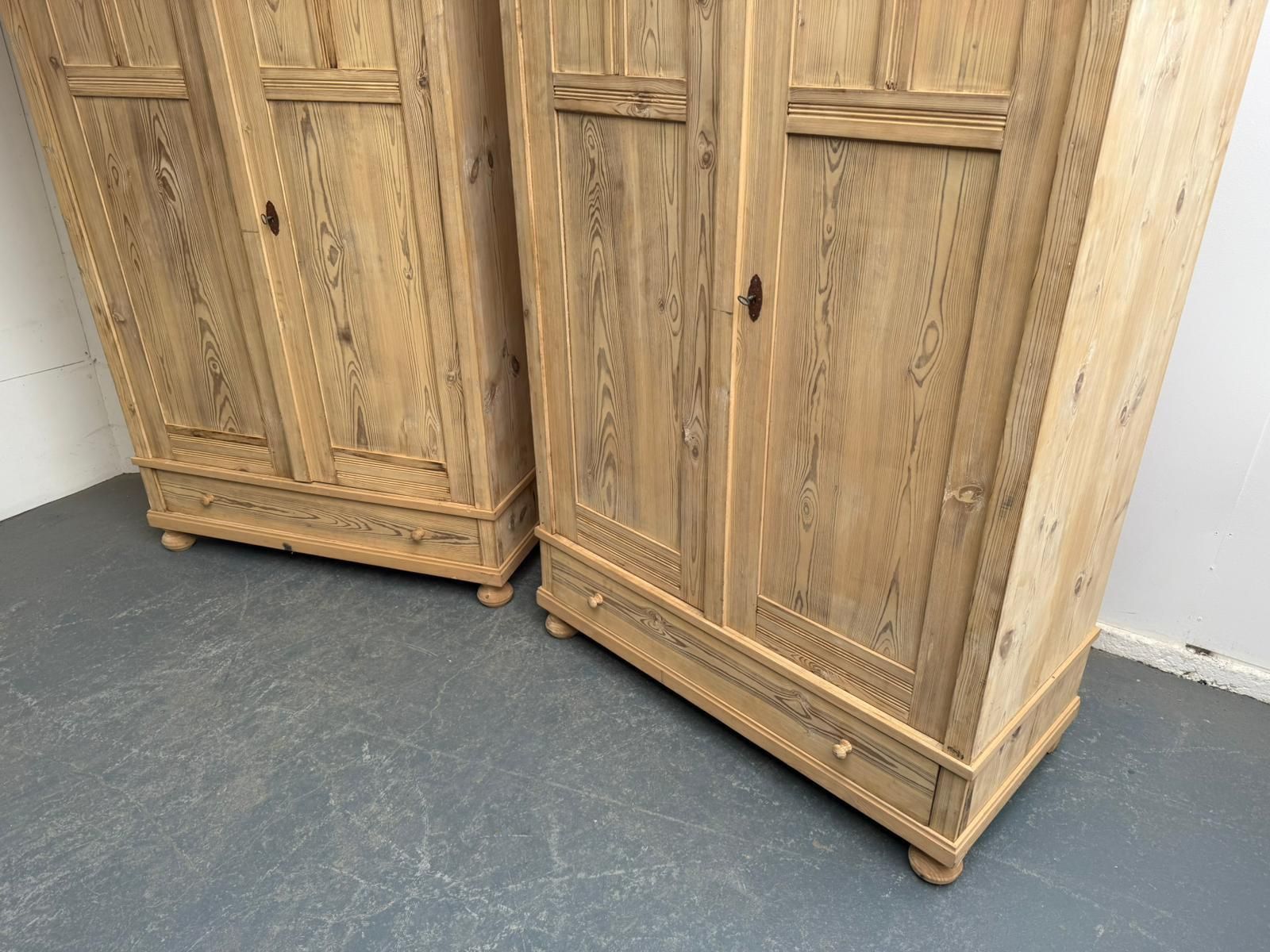 A Quality Pair Of Antique Pine Reeded Knockdown Wardrobes To Wax /Paint photo vintage