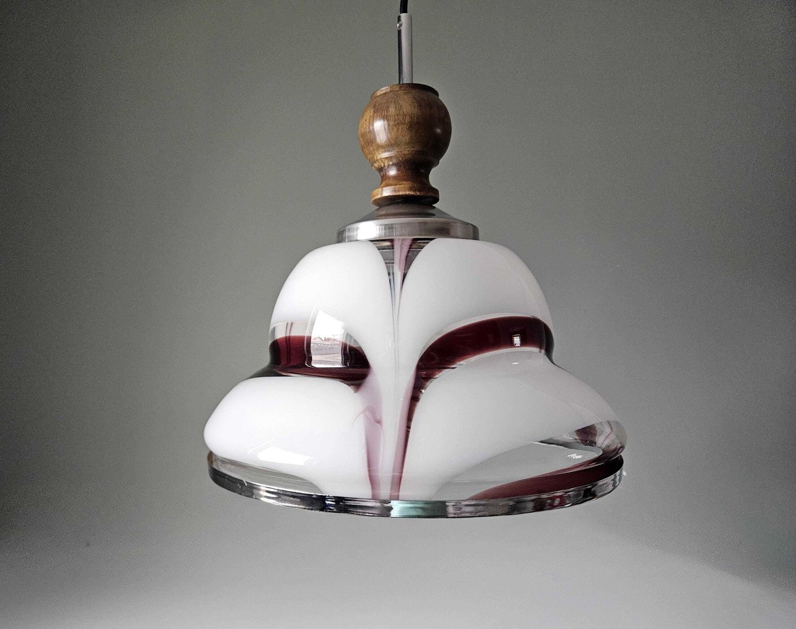 Vintage Pendant Light | White & Burgundy Glass Shade, Wood Detail
