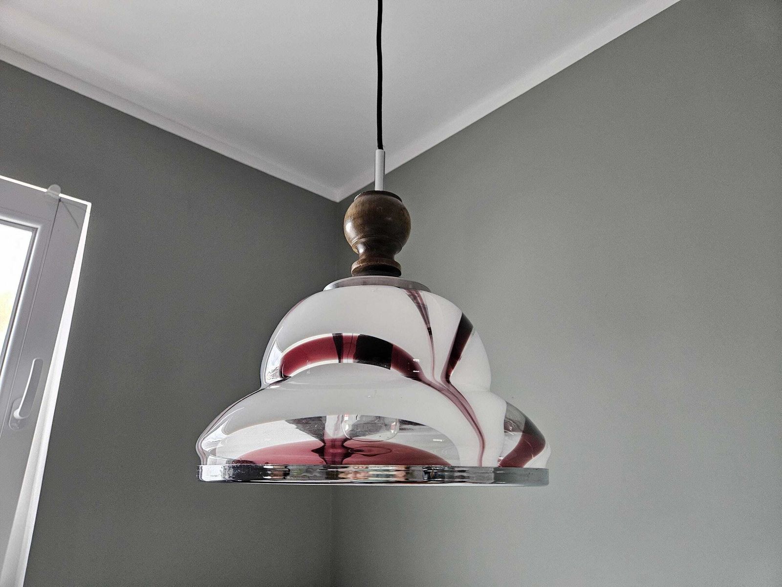Vintage Pendant Light | White & Burgundy Glass Shade, Wood Detail photo furniture