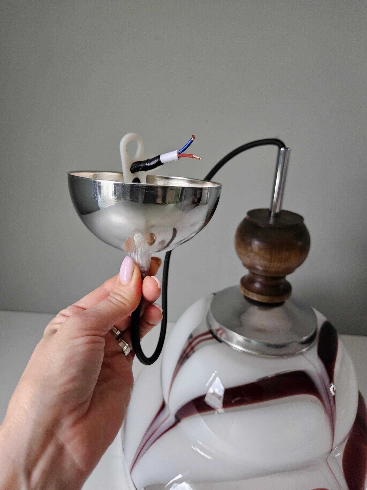 Vintage Pendant Light | White & Burgundy Glass Shade, Wood Detail photo for sale