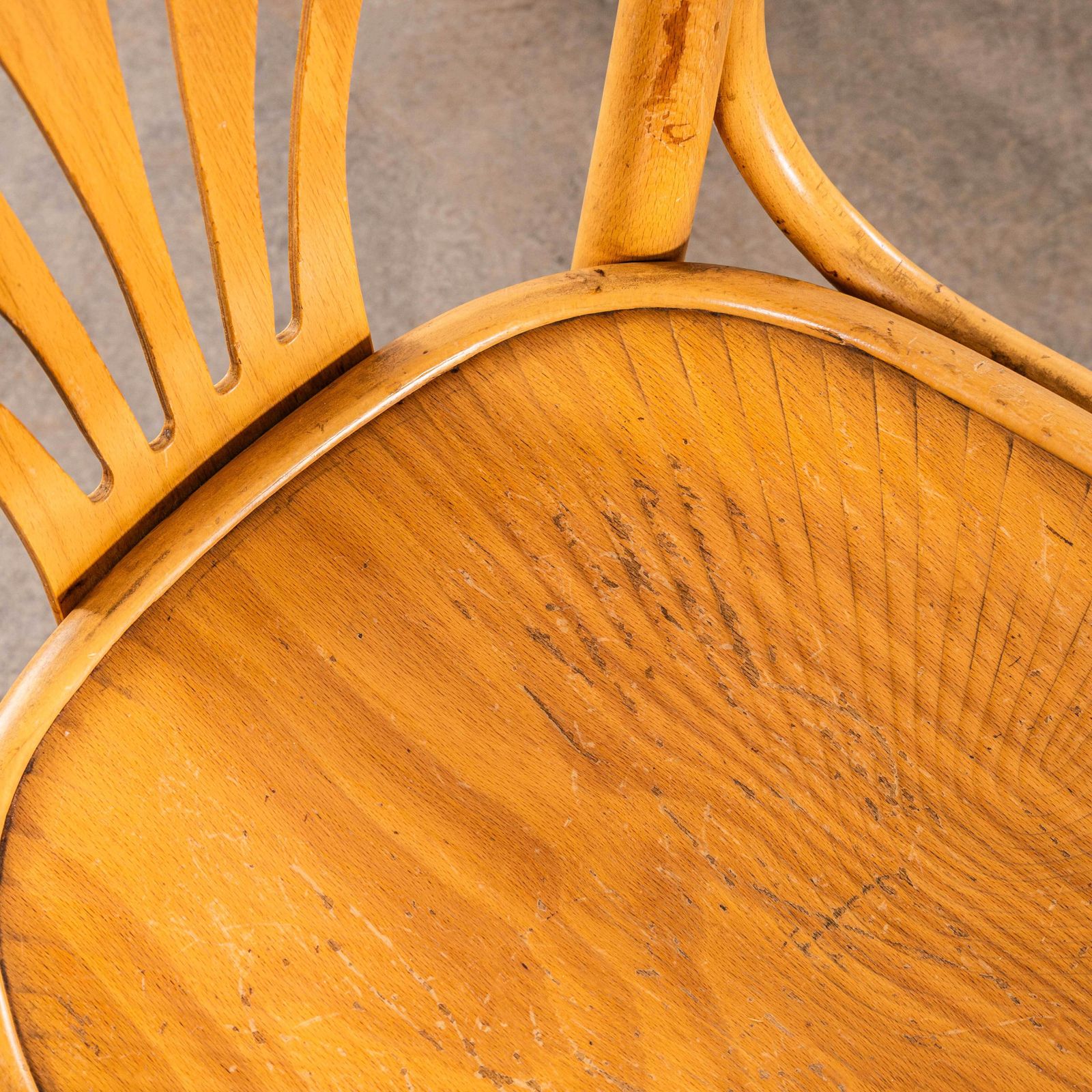 photo furniture 1950's Blonde Fan Back Armchairs With Patterned Seat   Set Of Six