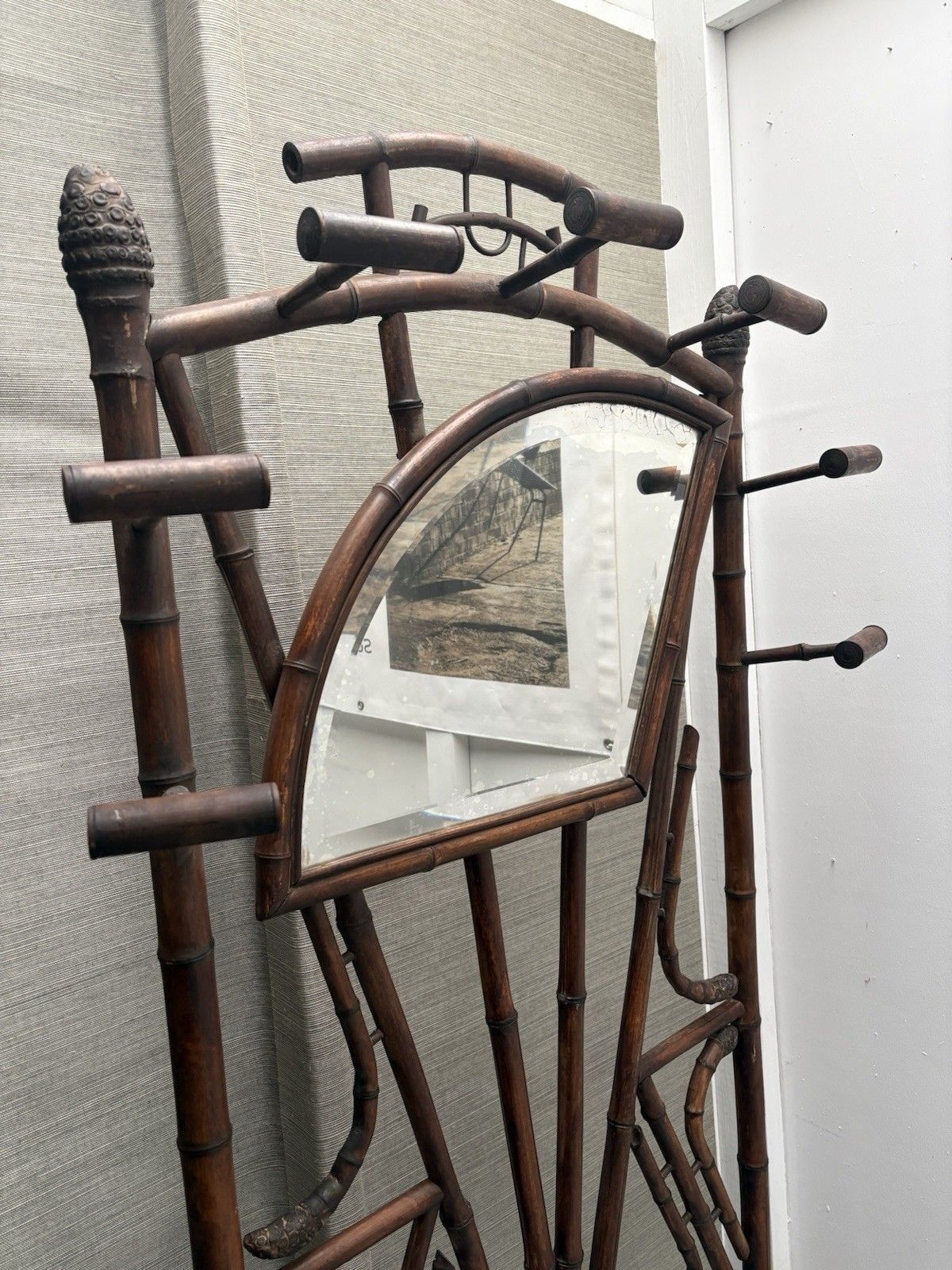 French Antique Bamboo Hat Coat Umbrella Stand Fan Shaped Beveled Mirror 1800s photo Home Decor