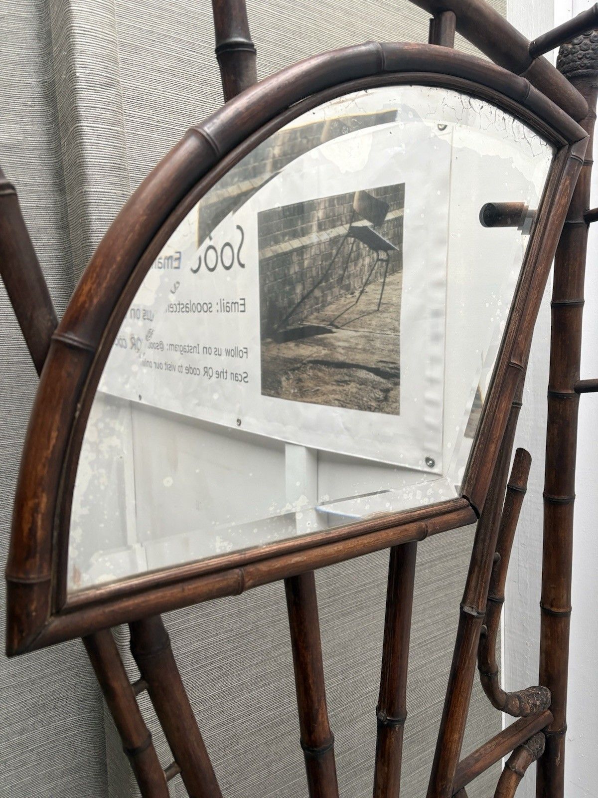 French Antique Bamboo Hat Coat Umbrella Stand Fan Shaped Beveled Mirror 1800s photo vintage