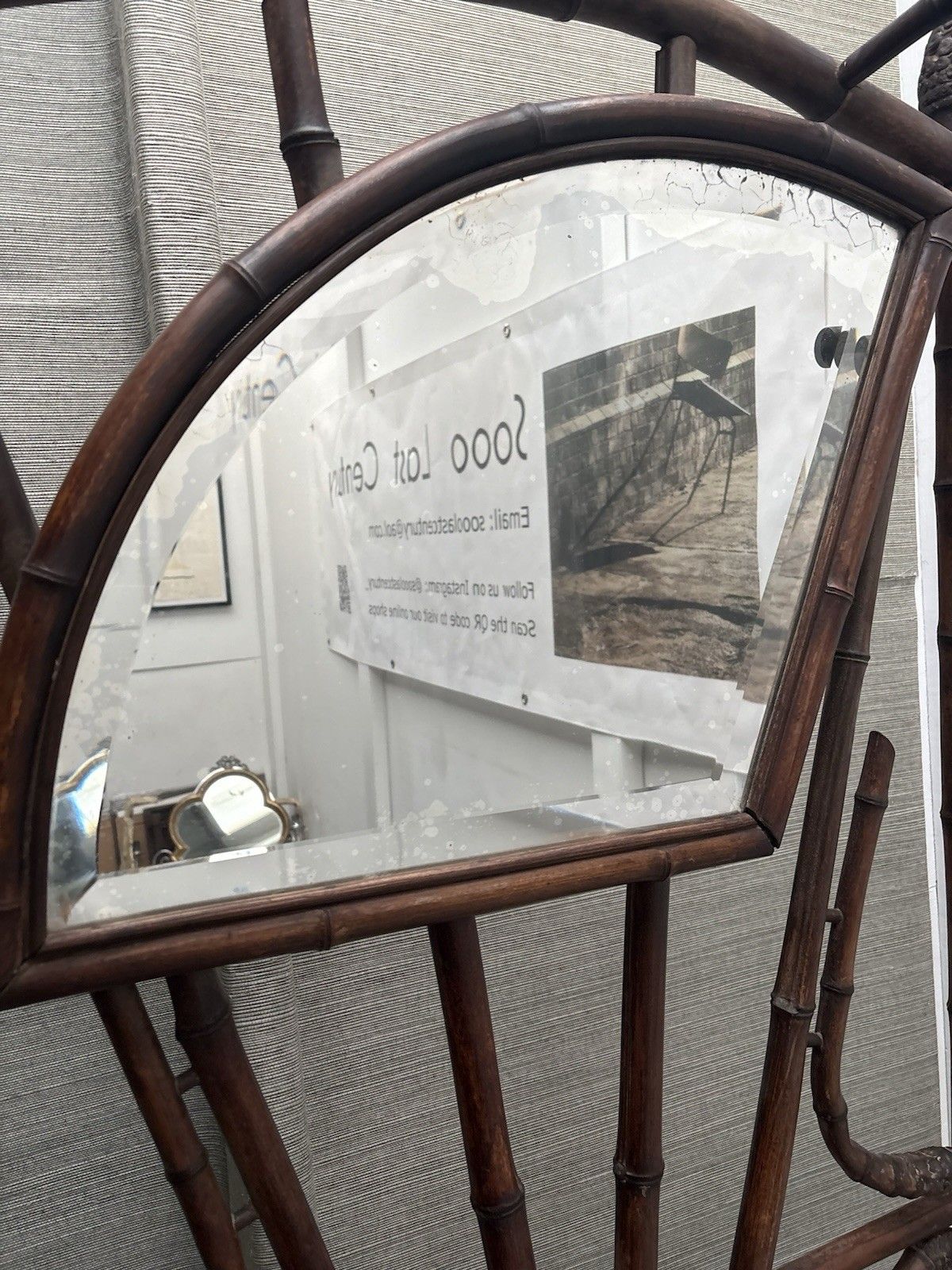 375.0 French Antique Bamboo Hat Coat Umbrella Stand Fan Shaped Beveled Mirror 1800s photo