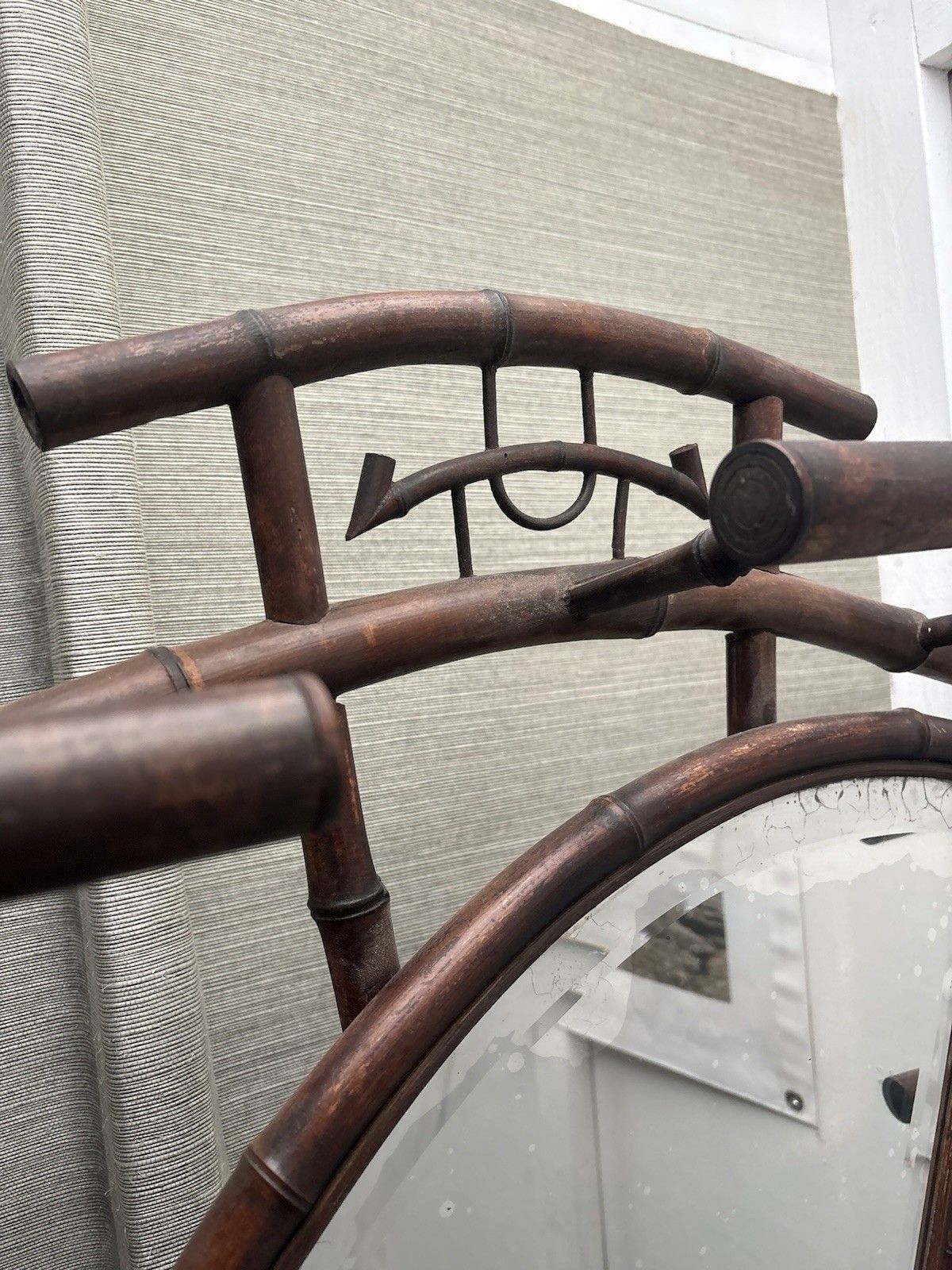 photo vintage French Antique Bamboo Hat Coat Umbrella Stand Fan Shaped Beveled Mirror 1800s