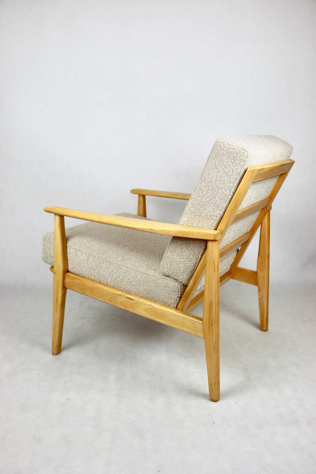 Vintage Danish Armchair, 1970s, Beige Boucle  Light Wood  2 Pieces Available photo vinterior