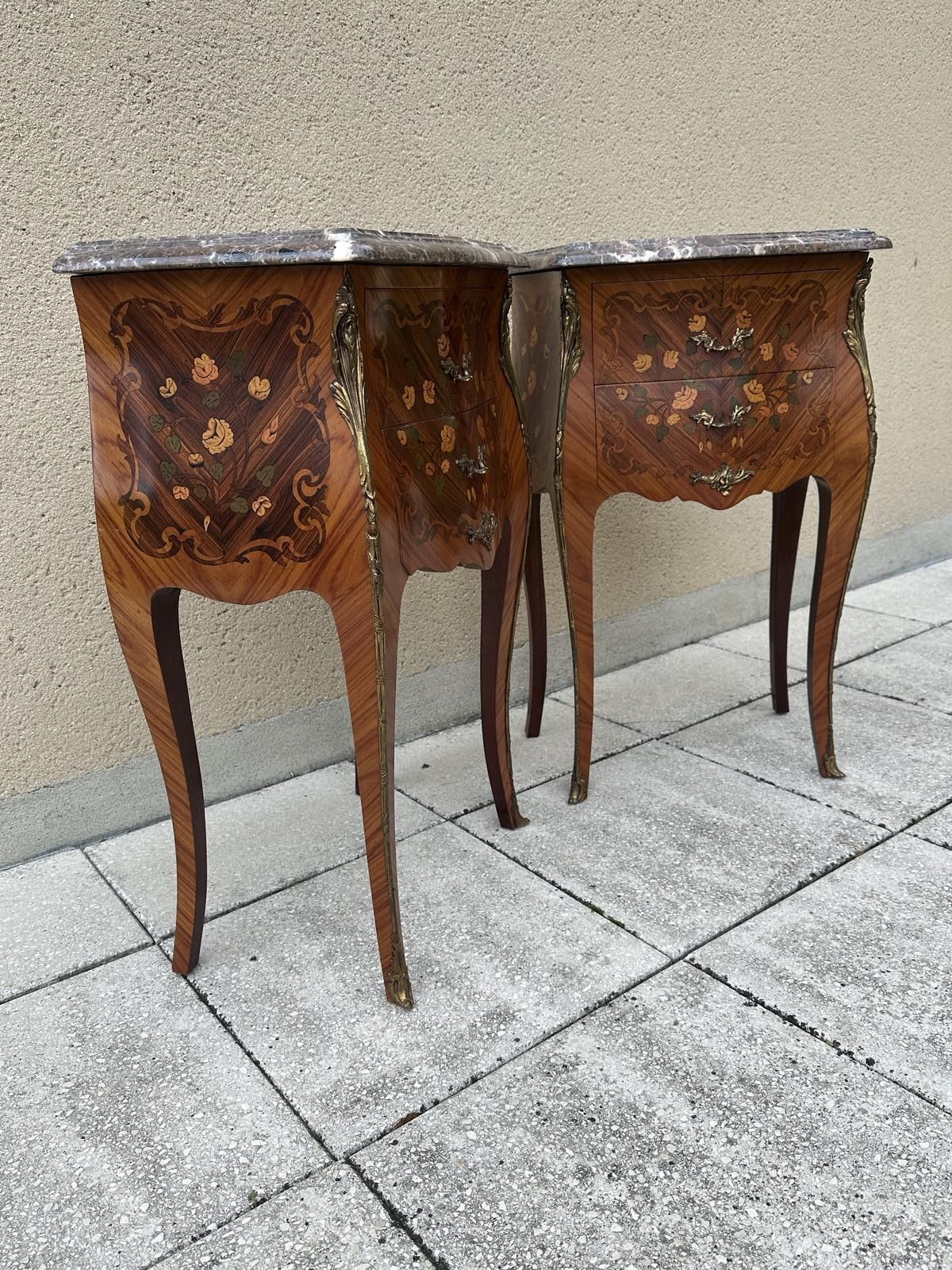 Furniture Pair Of French Antique Marquetry Bedside Tables Cabinets photo