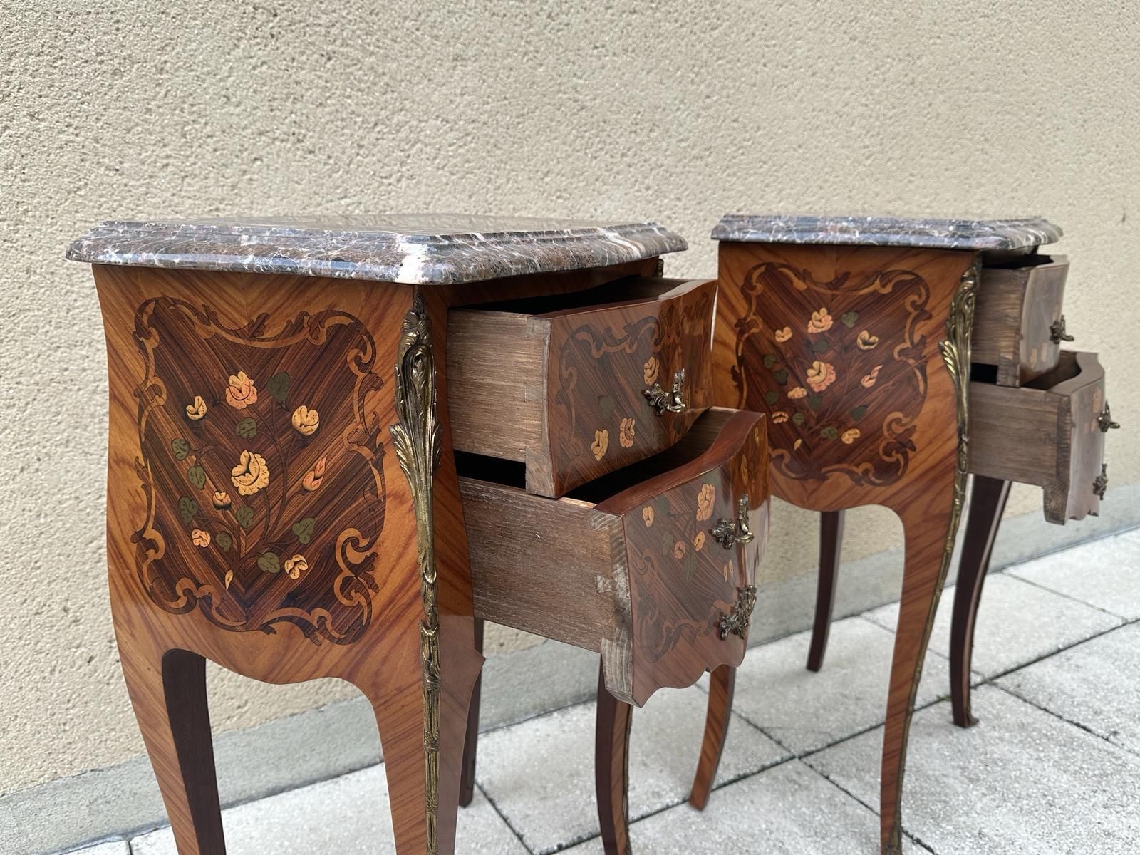 985.0 Pair Of French Antique Marquetry Bedside Tables Cabinets photo