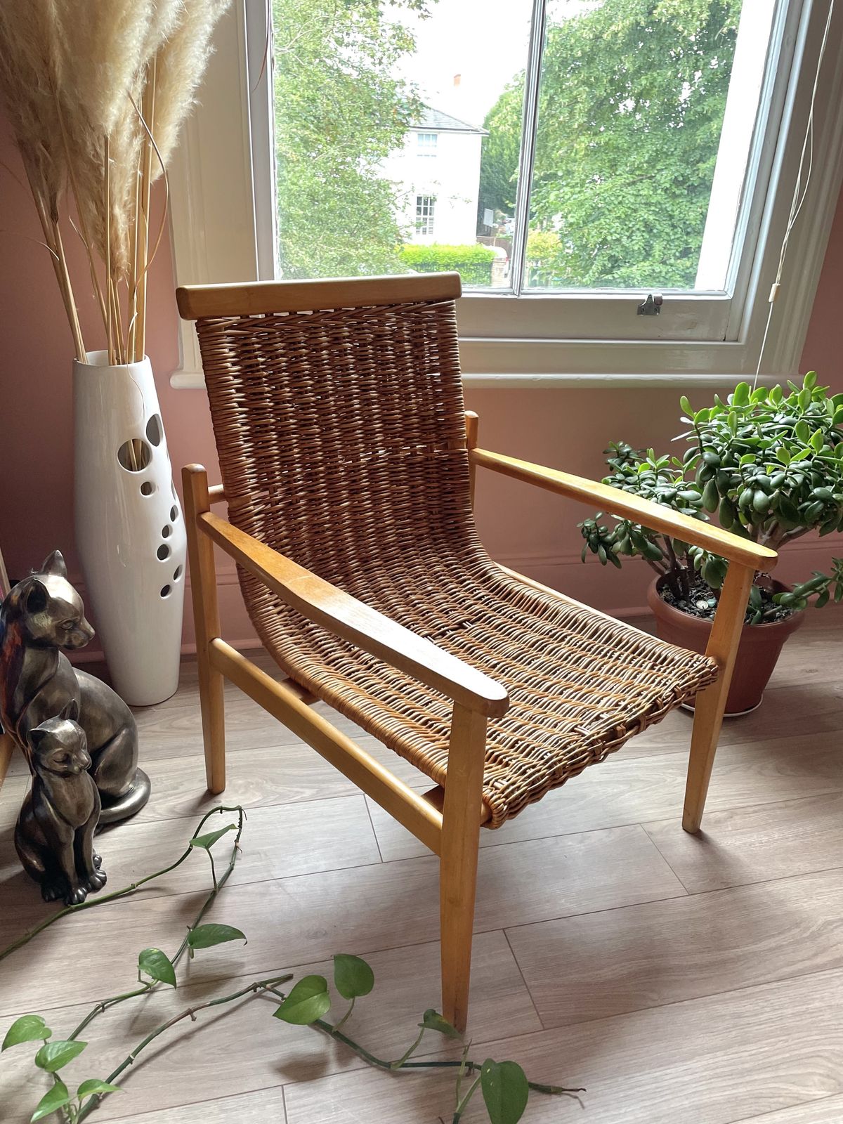 1960’s Wicker And Beech Wood Armchair By Jan Kalous For Uluv, Czechoslovakia