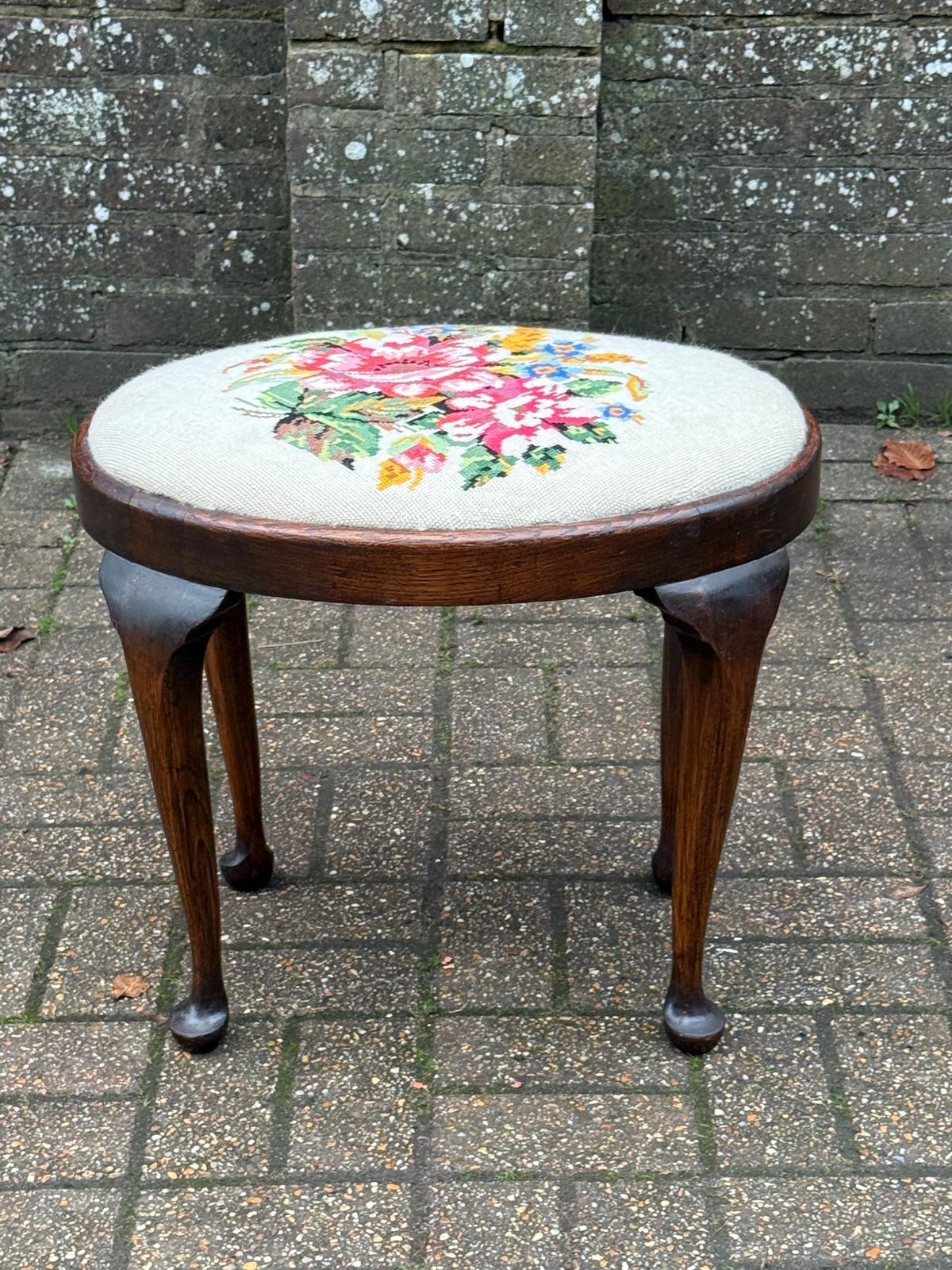 Vintage Circa 1950s Queen Anne Tapestry Footstool With Floral Needlepoint And Dark Oak Frame photo furniture